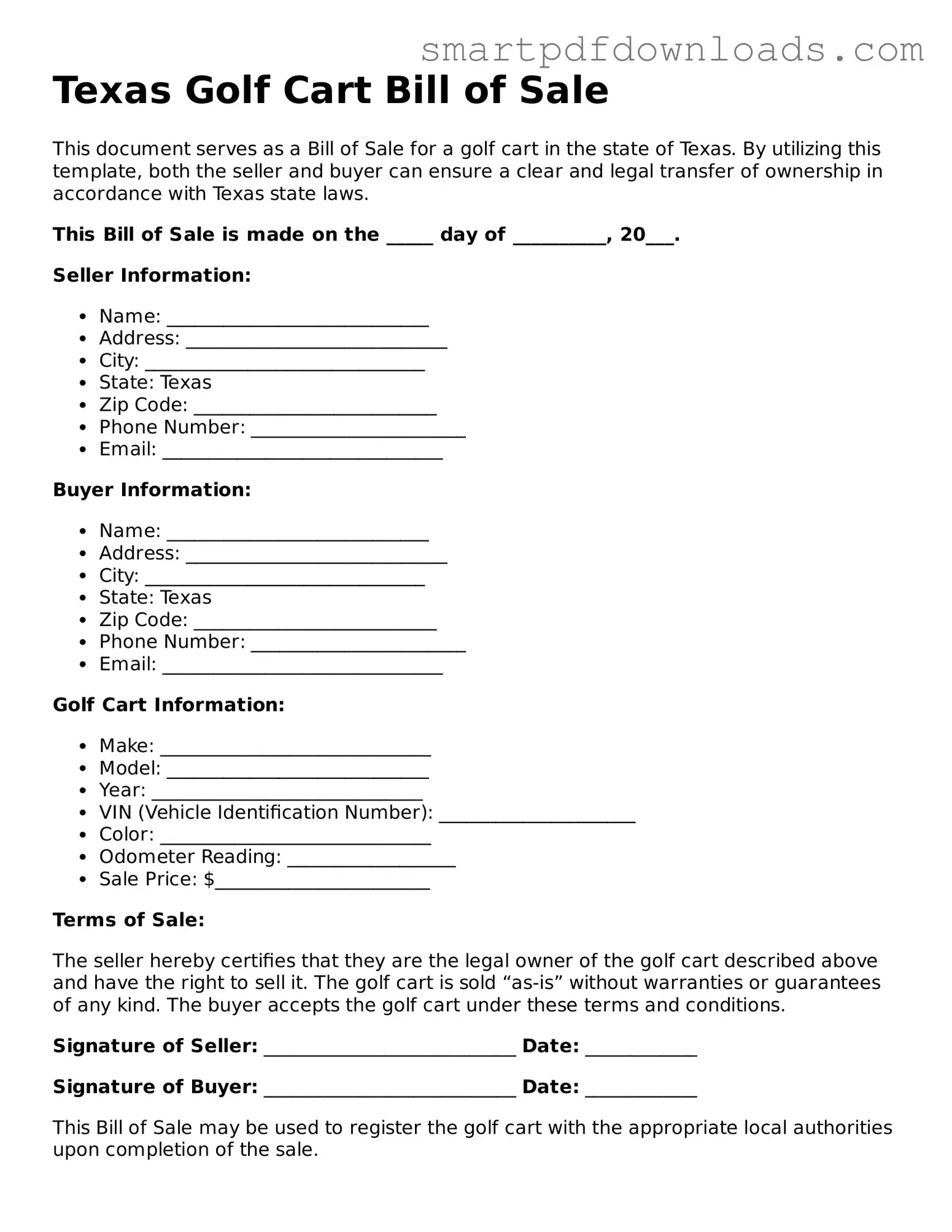 Legal Golf Cart Bill of Sale Form for the State of Texas