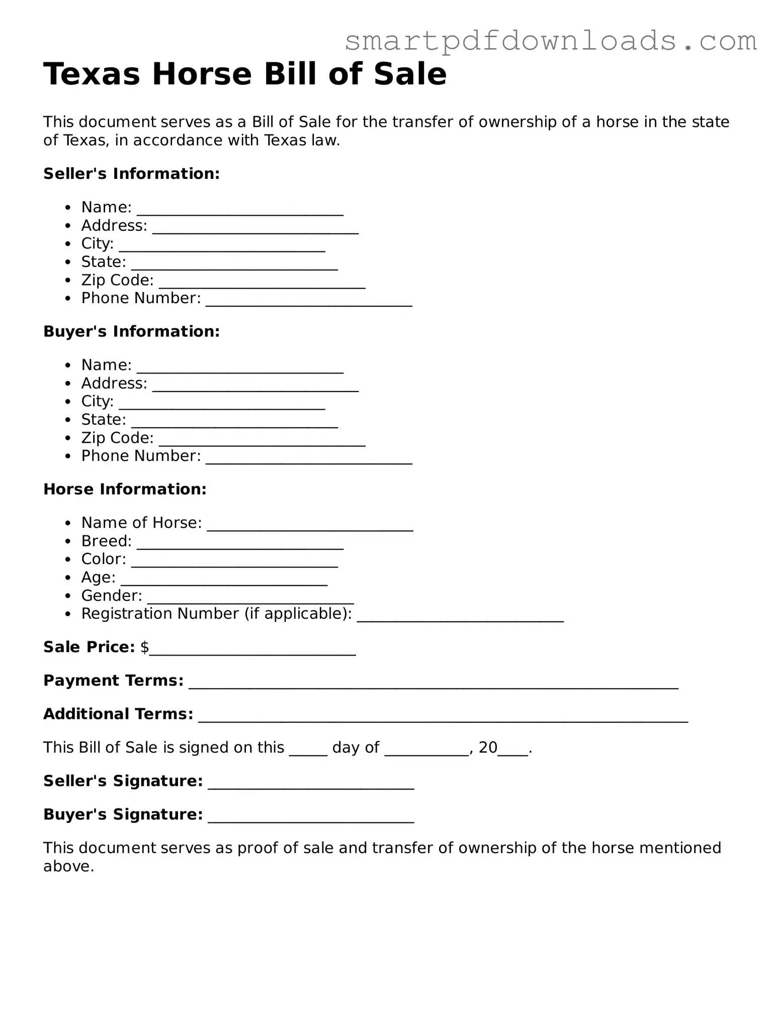 Legal Horse Bill of Sale Form for the State of Texas
