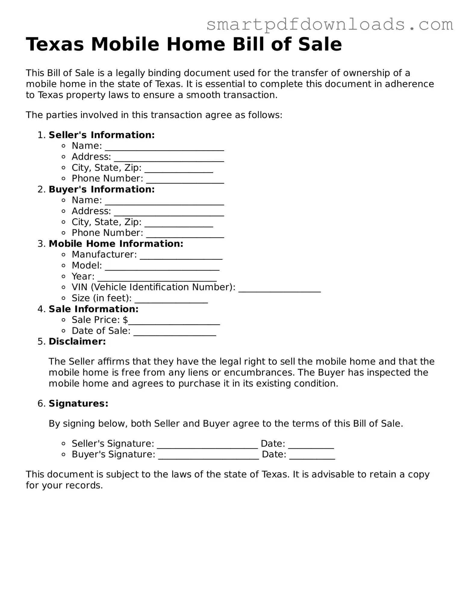 Legal Mobile Home Bill of Sale Form for the State of Texas
