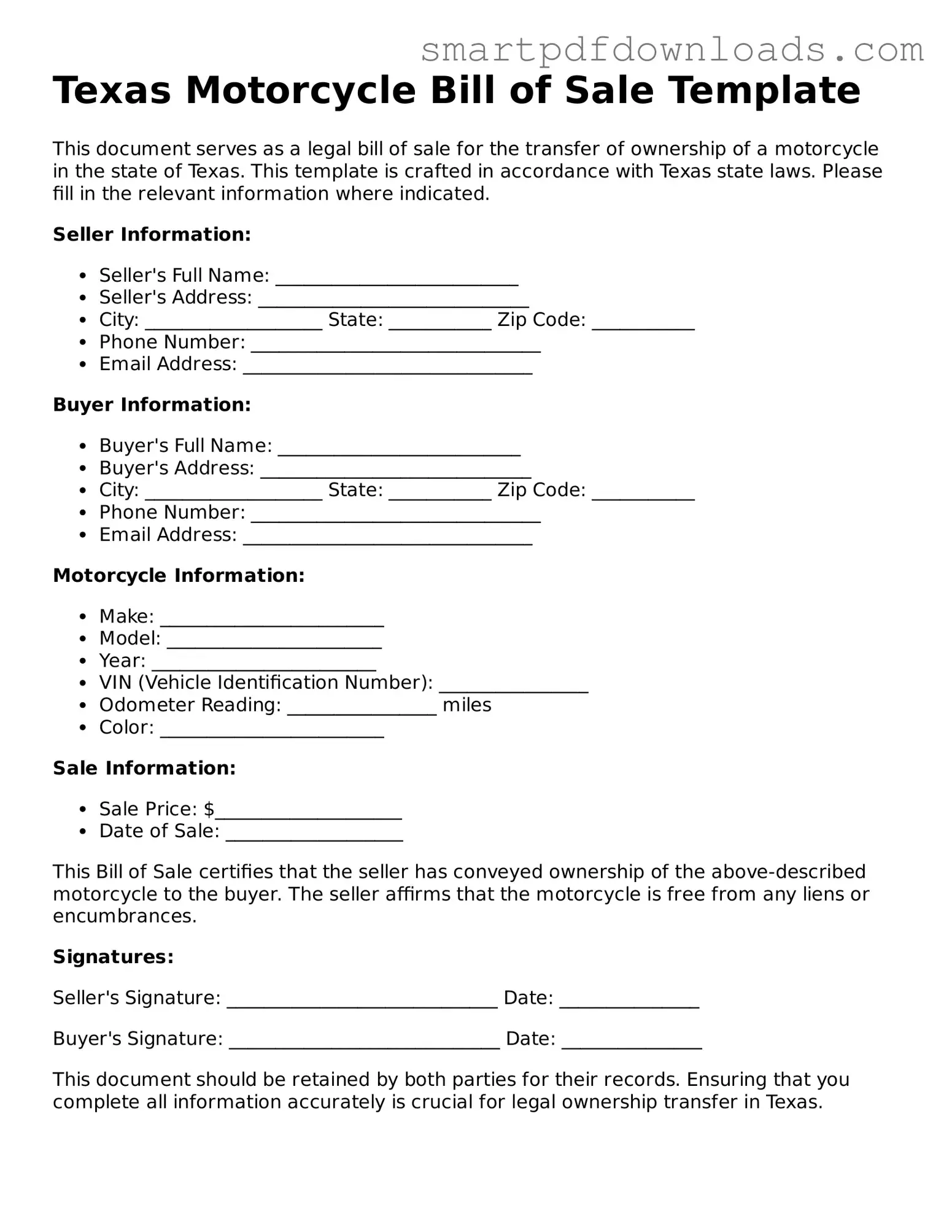 Legal Motorcycle Bill of Sale Form for the State of Texas