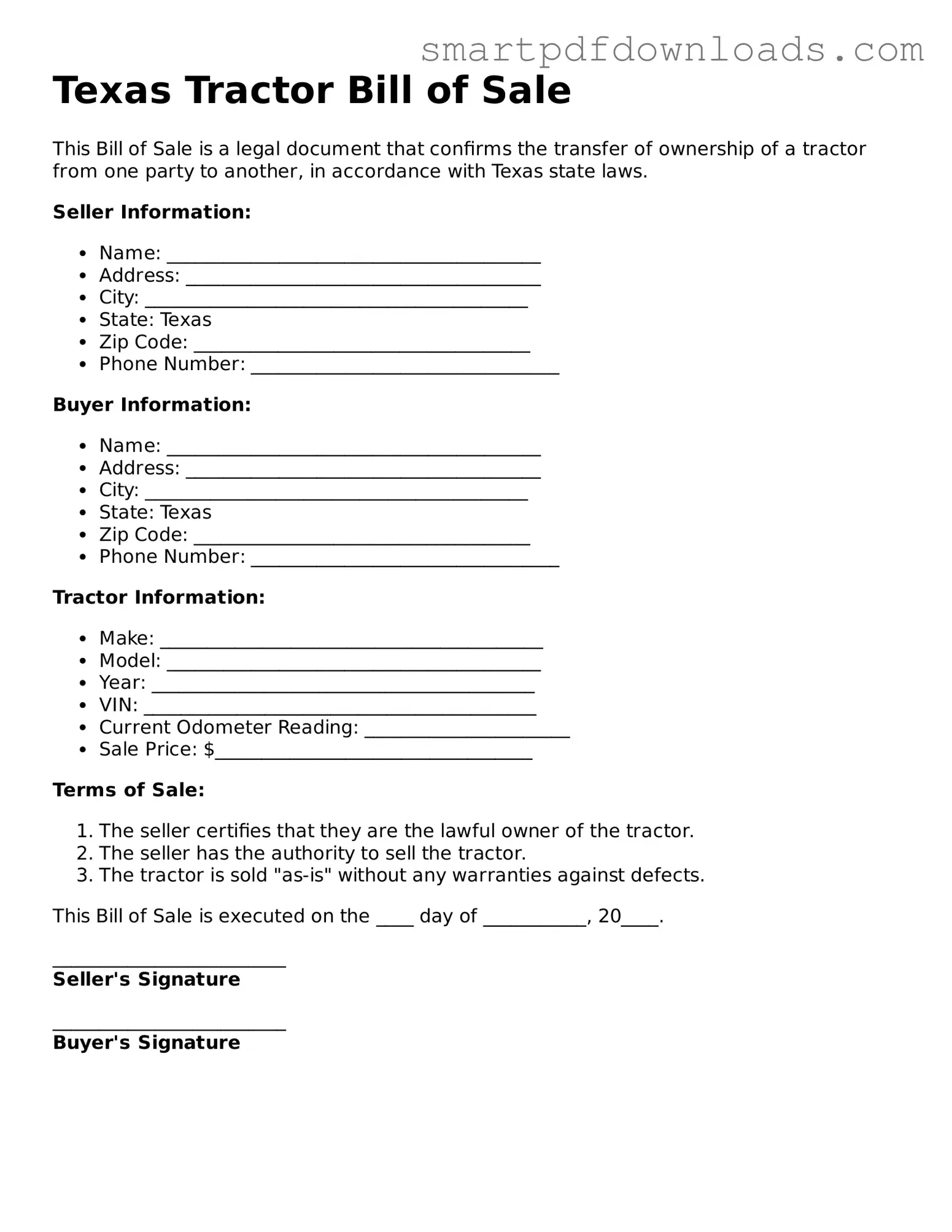 Legal Tractor Bill of Sale Form for the State of Texas