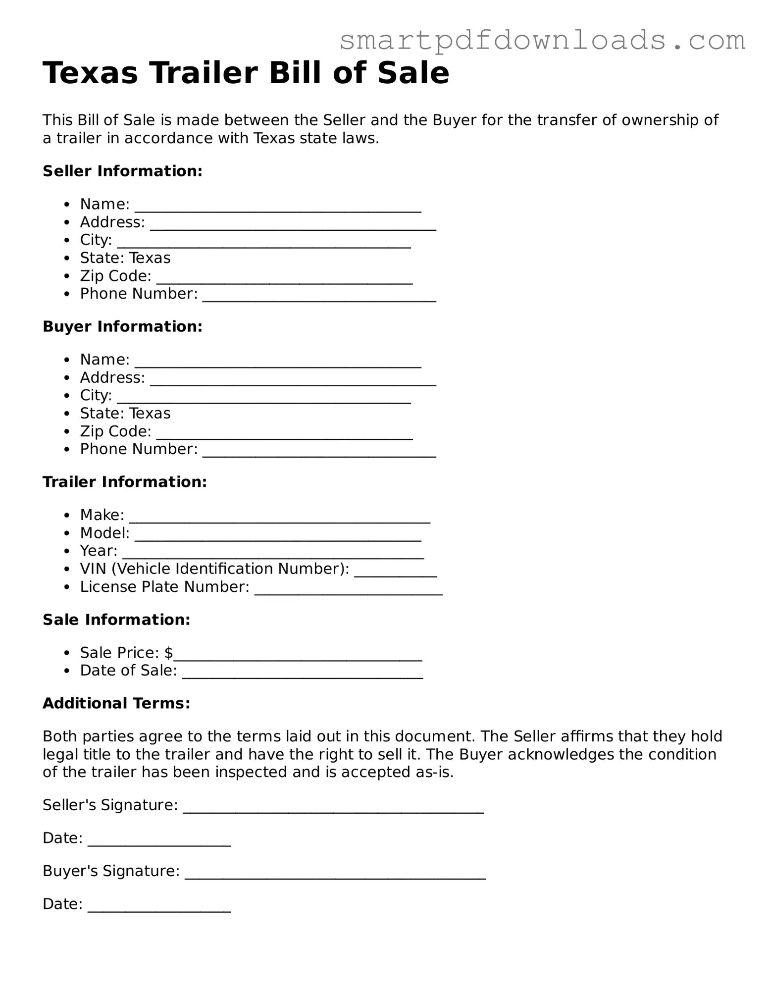 Legal Trailer Bill of Sale Form for the State of Texas