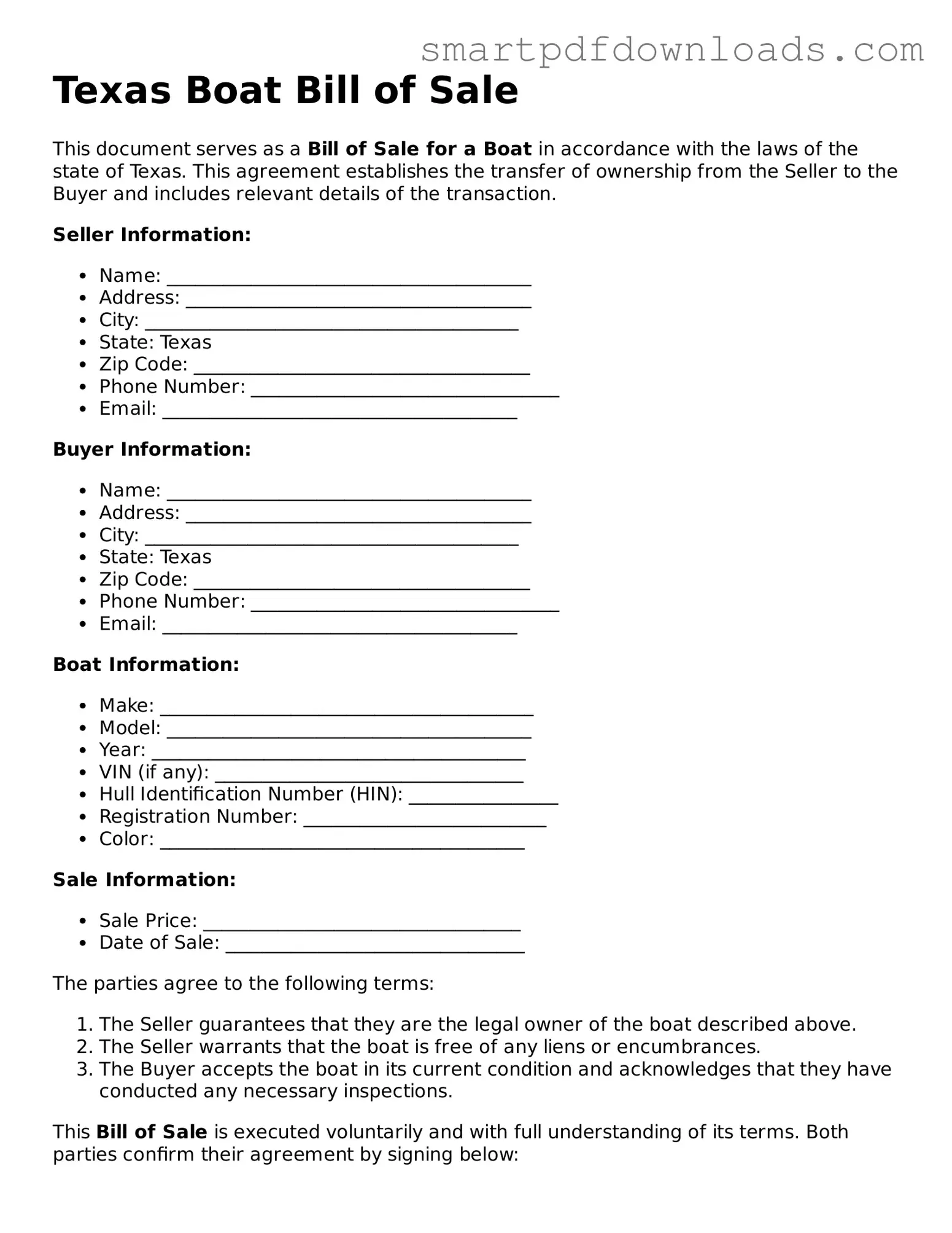 Legal Boat Bill of Sale Form for the State of Texas
