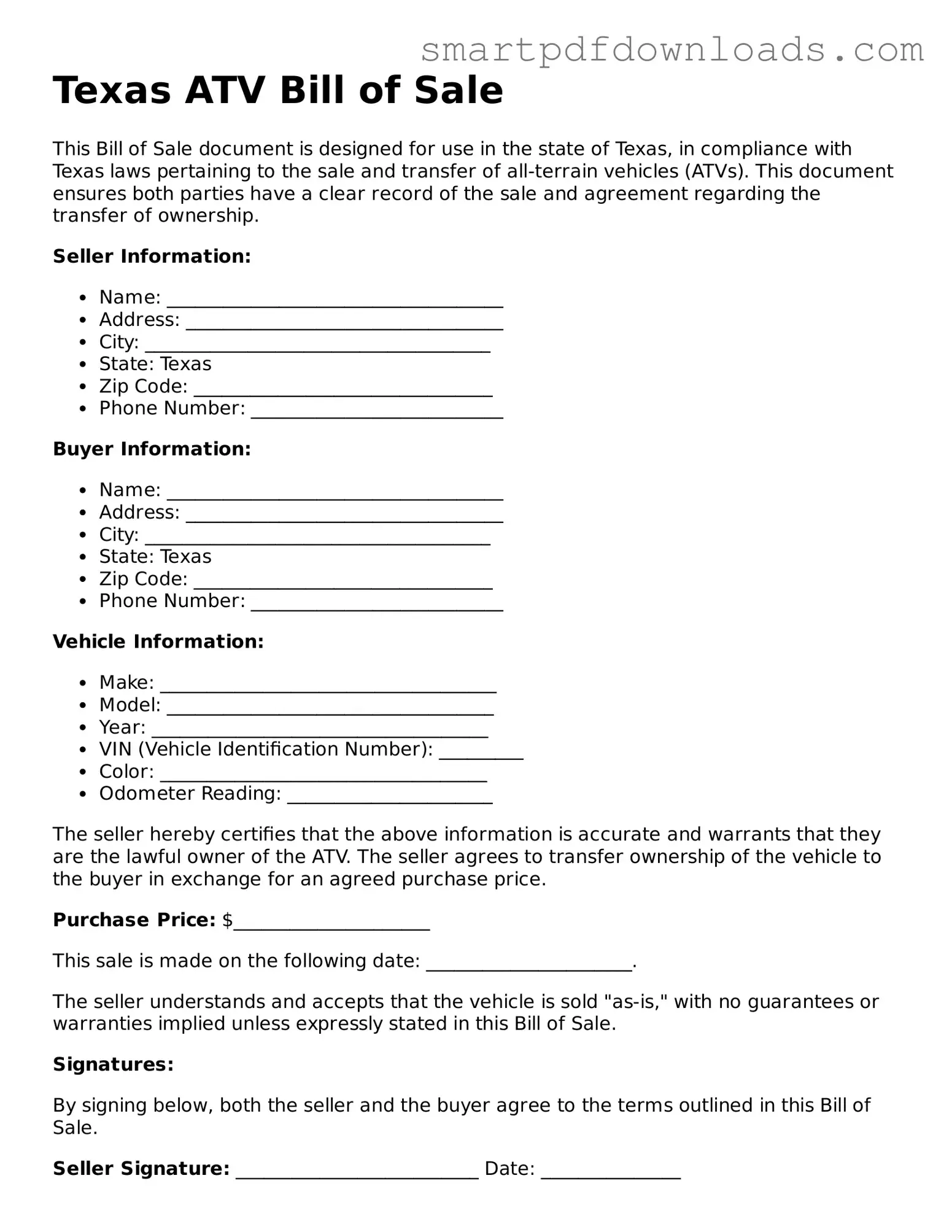 Legal ATV Bill of Sale Form for the State of Texas