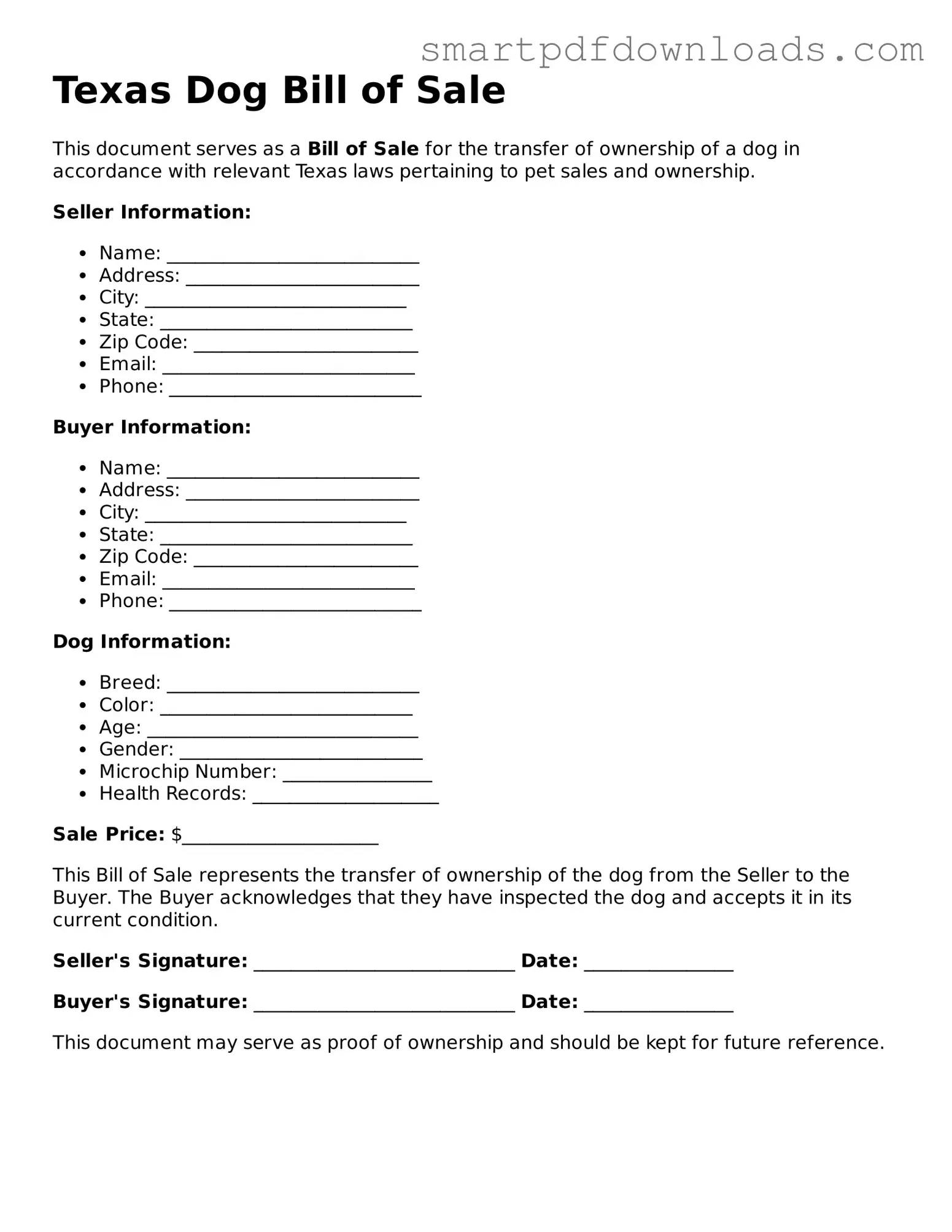 Legal Dog Bill of Sale Form for the State of Texas