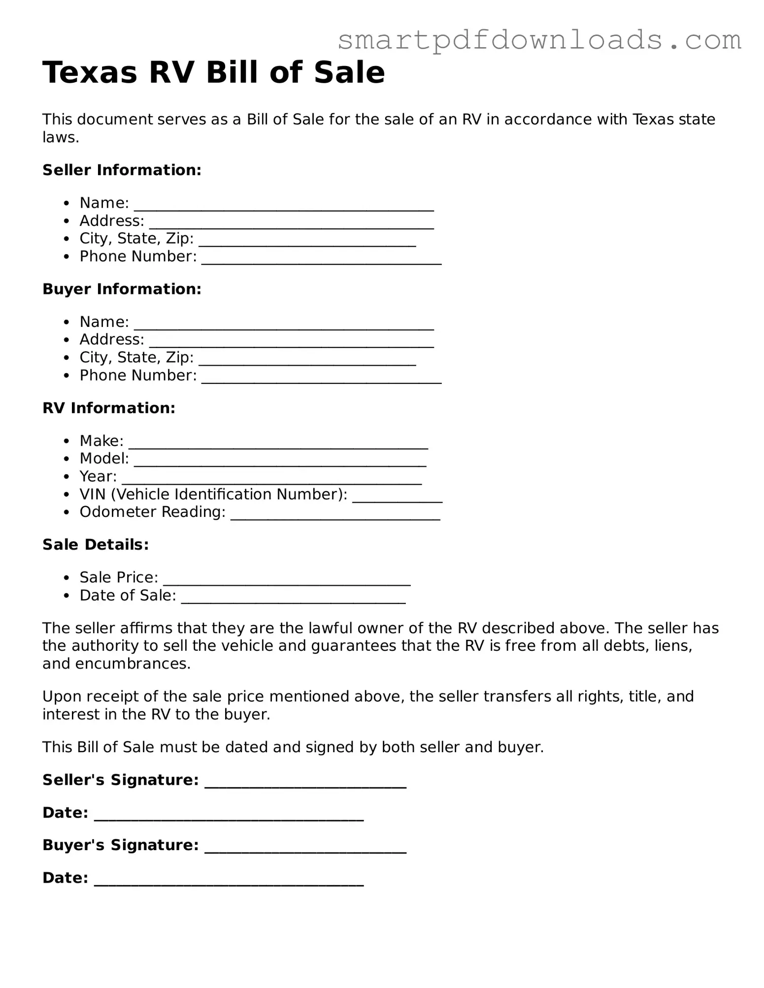 Legal RV Bill of Sale Form for the State of Texas