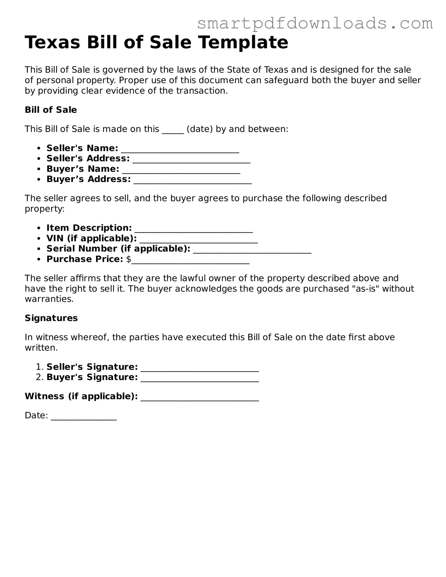Legal Bill of Sale Form for the State of Texas