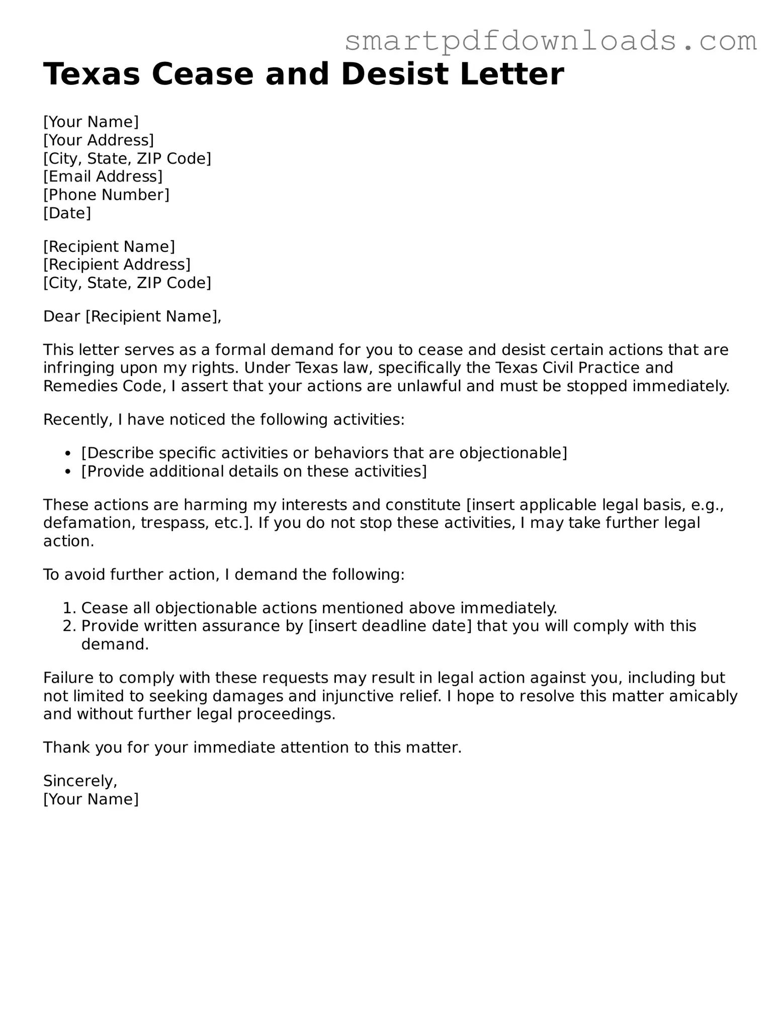 Legal Cease and Desist Letter Form for the State of Texas
