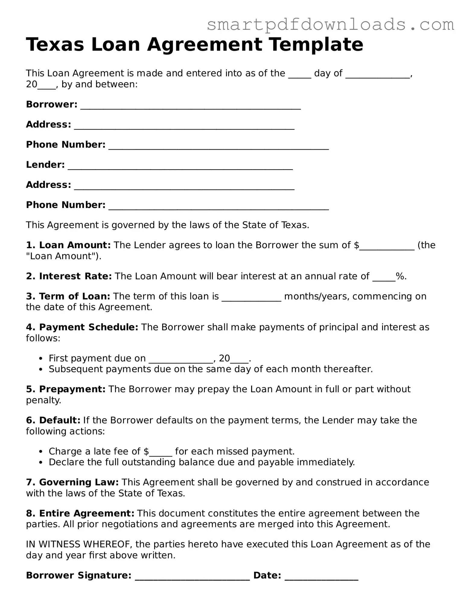 Legal Loan Agreement Form for the State of Texas