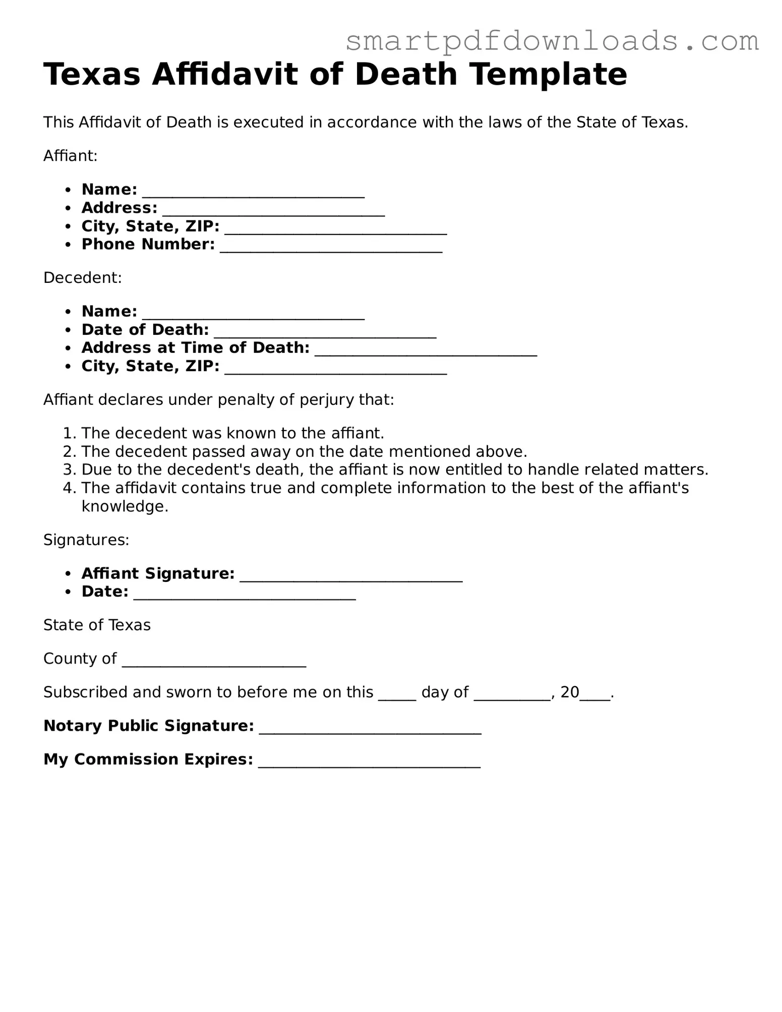 Legal Affidavit of Death Form for the State of Texas
