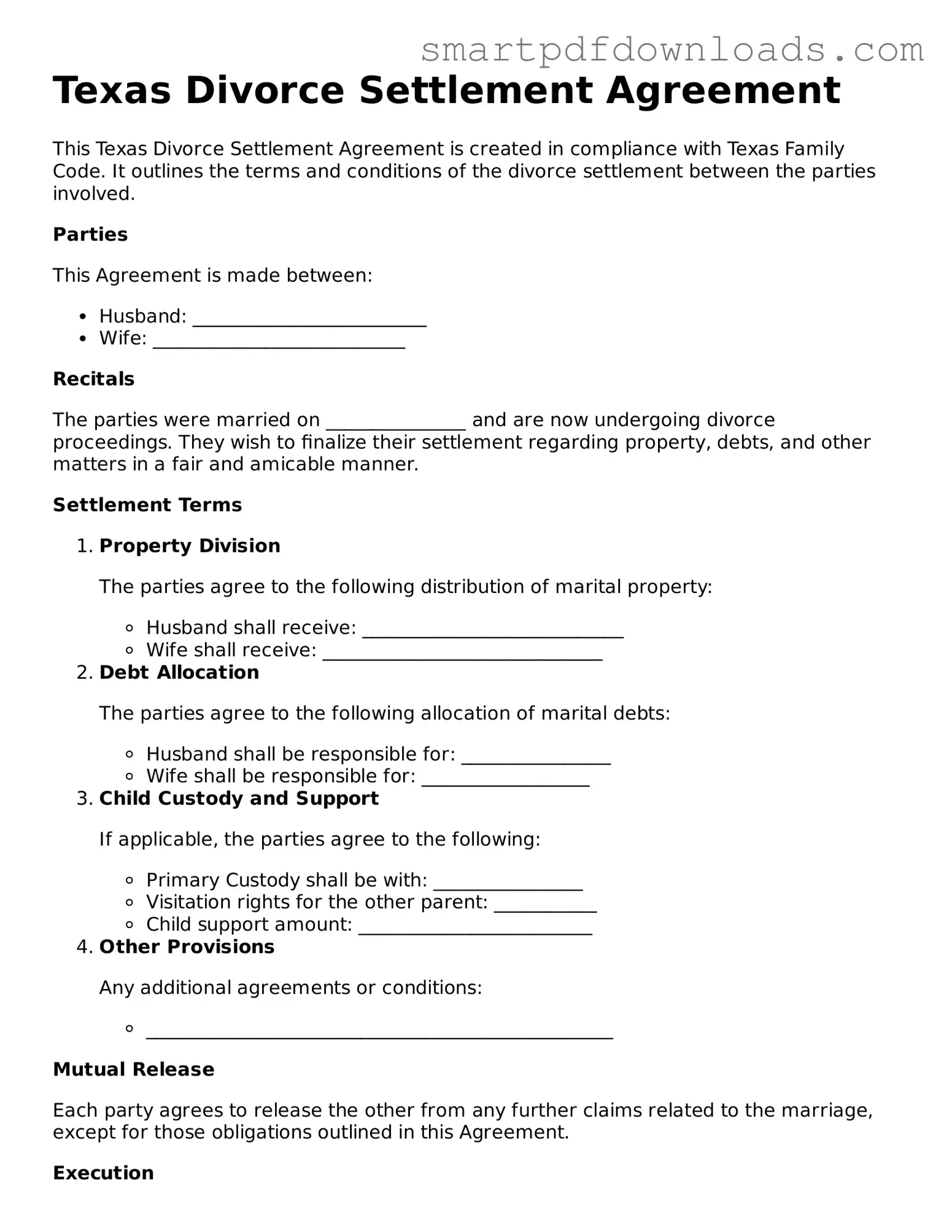 Legal Divorce Settlement Agreement Form for the State of Texas