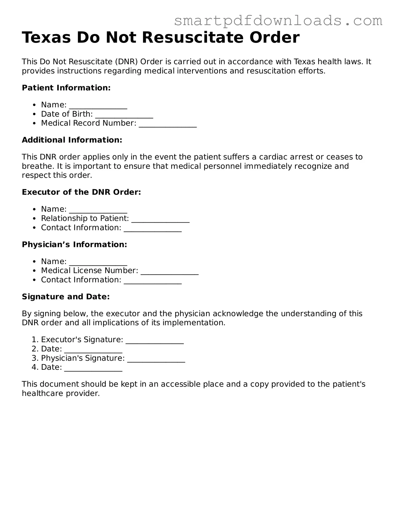 Legal Do Not Resuscitate Order Form for the State of Texas