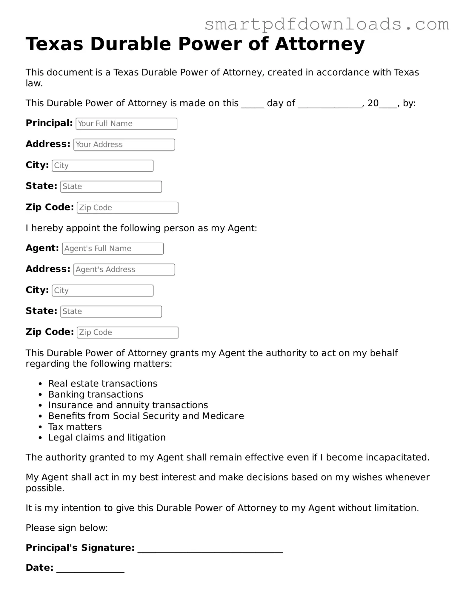 Legal Durable Power of Attorney Form for the State of Texas