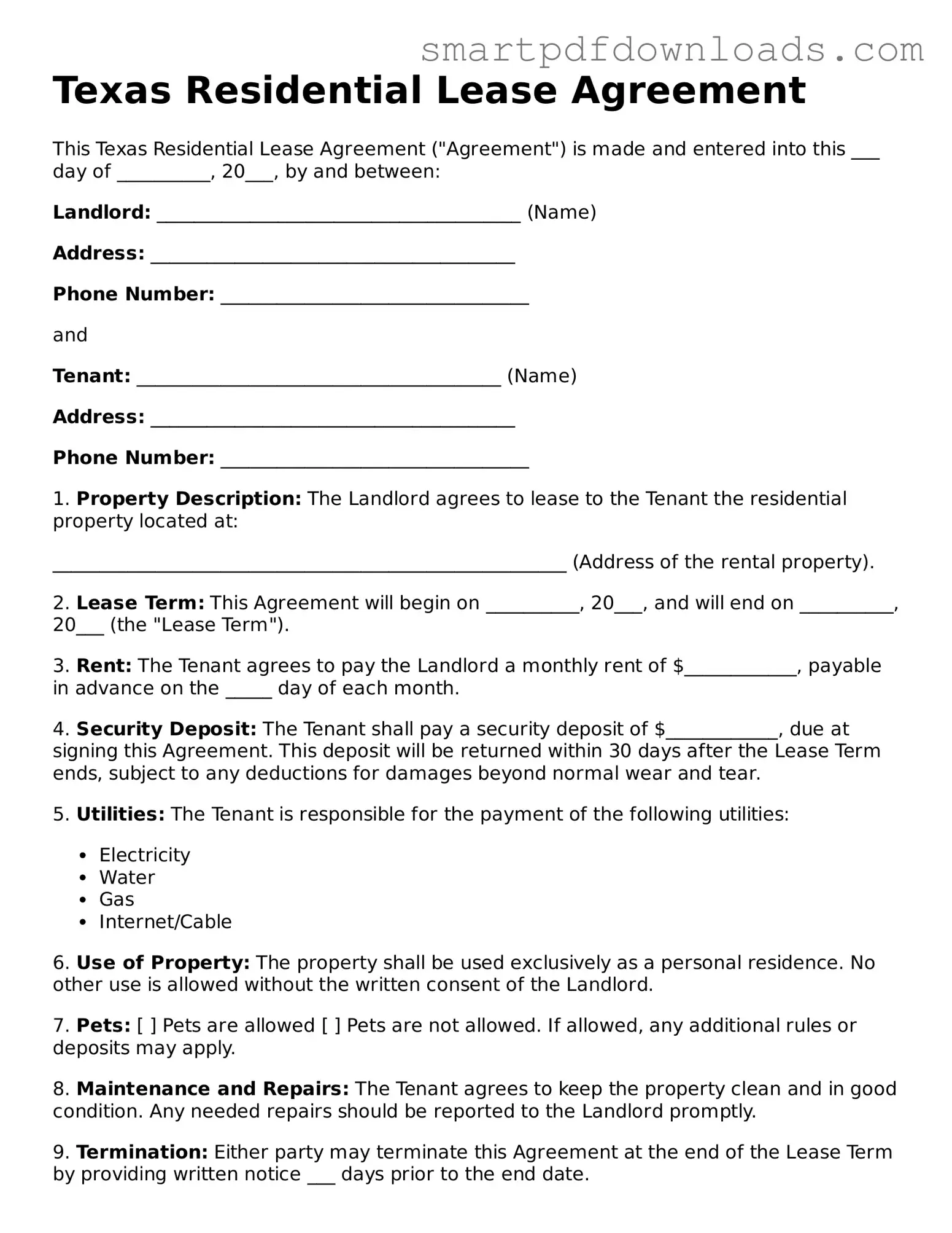Legal Residential Lease Agreement Form for the State of Texas