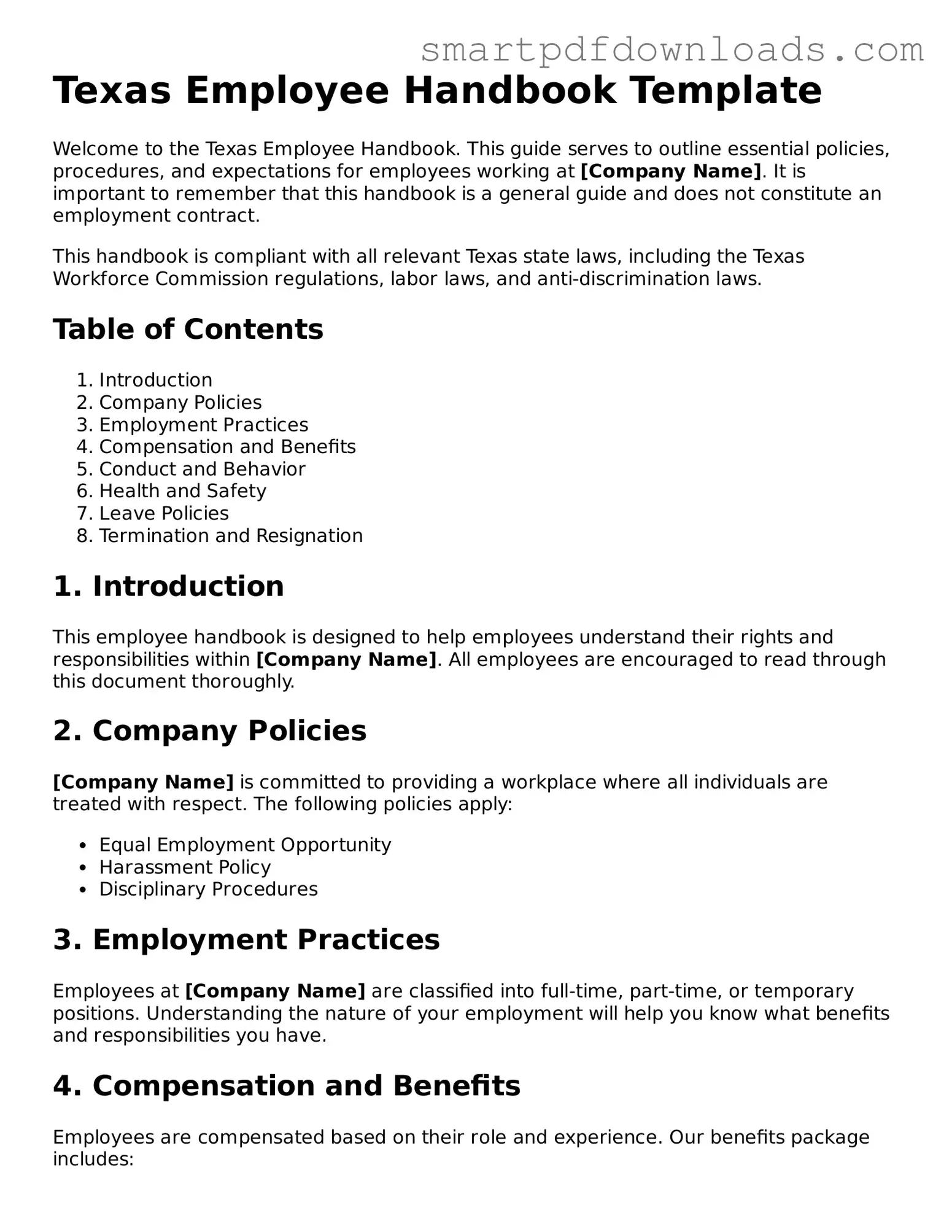 Legal Employee Handbook Form for the State of Texas