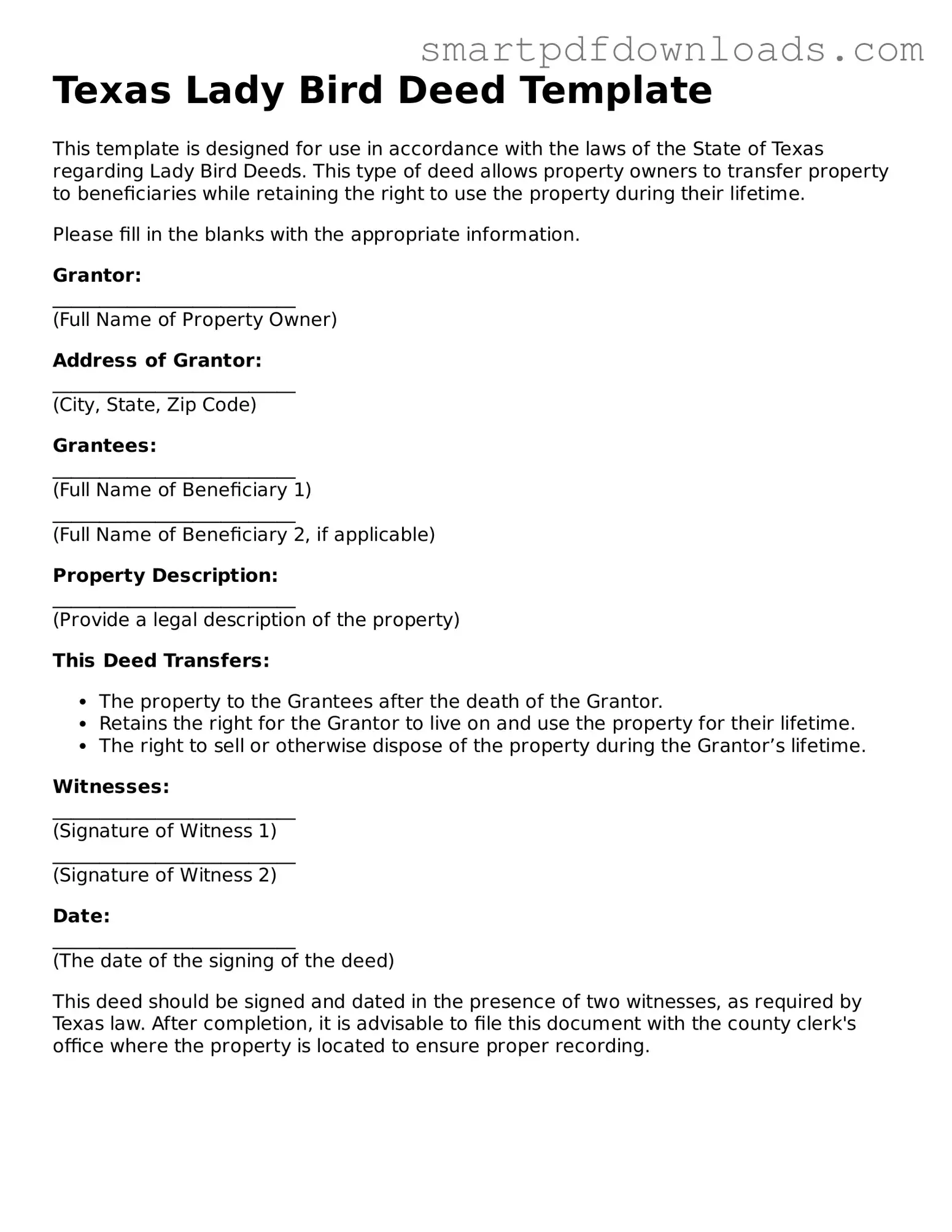 Legal Lady Bird Deed Form for the State of Texas
