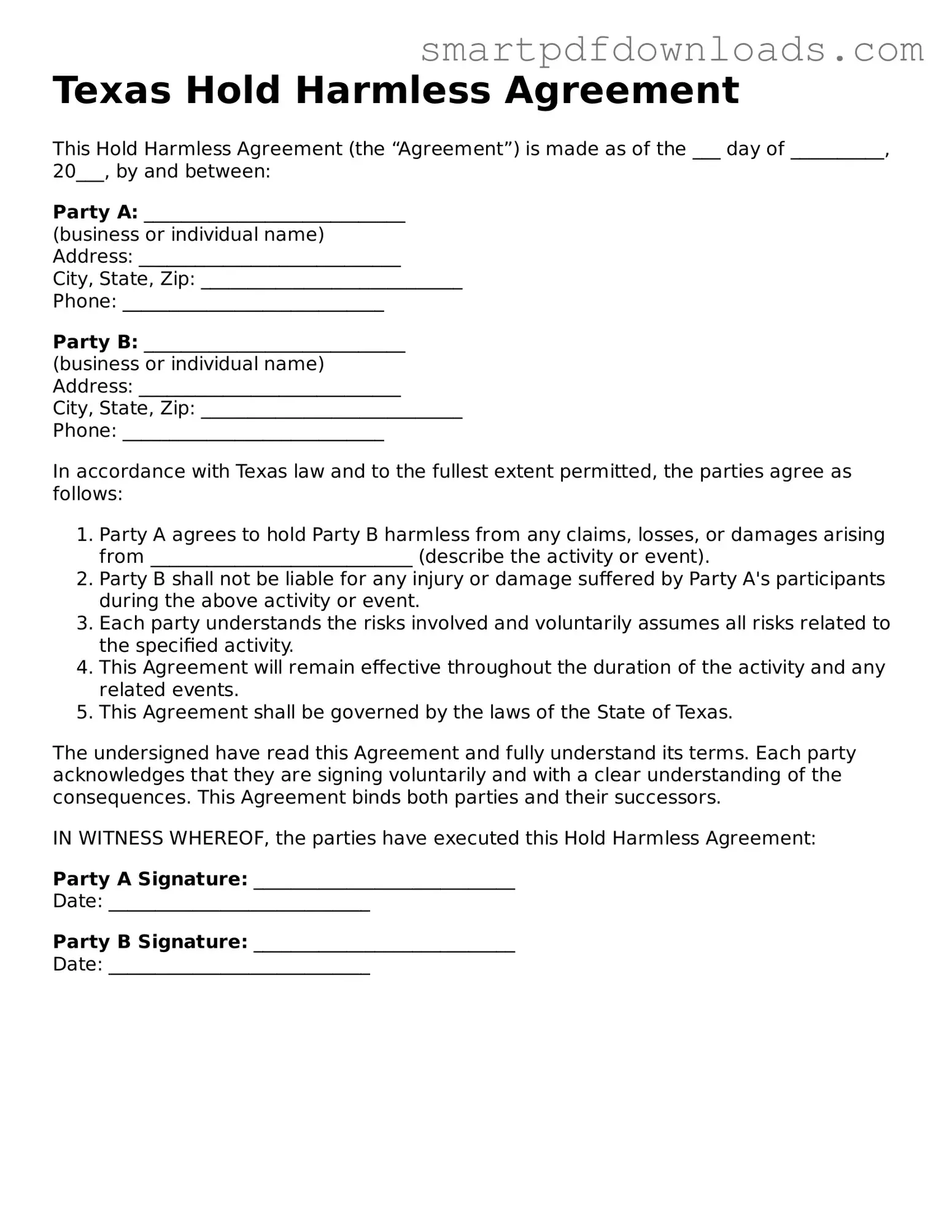 Legal Hold Harmless Agreement Form for the State of Texas