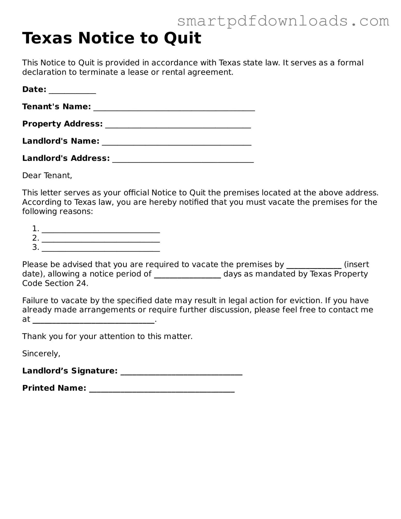 Legal Notice to Quit Form for the State of Texas