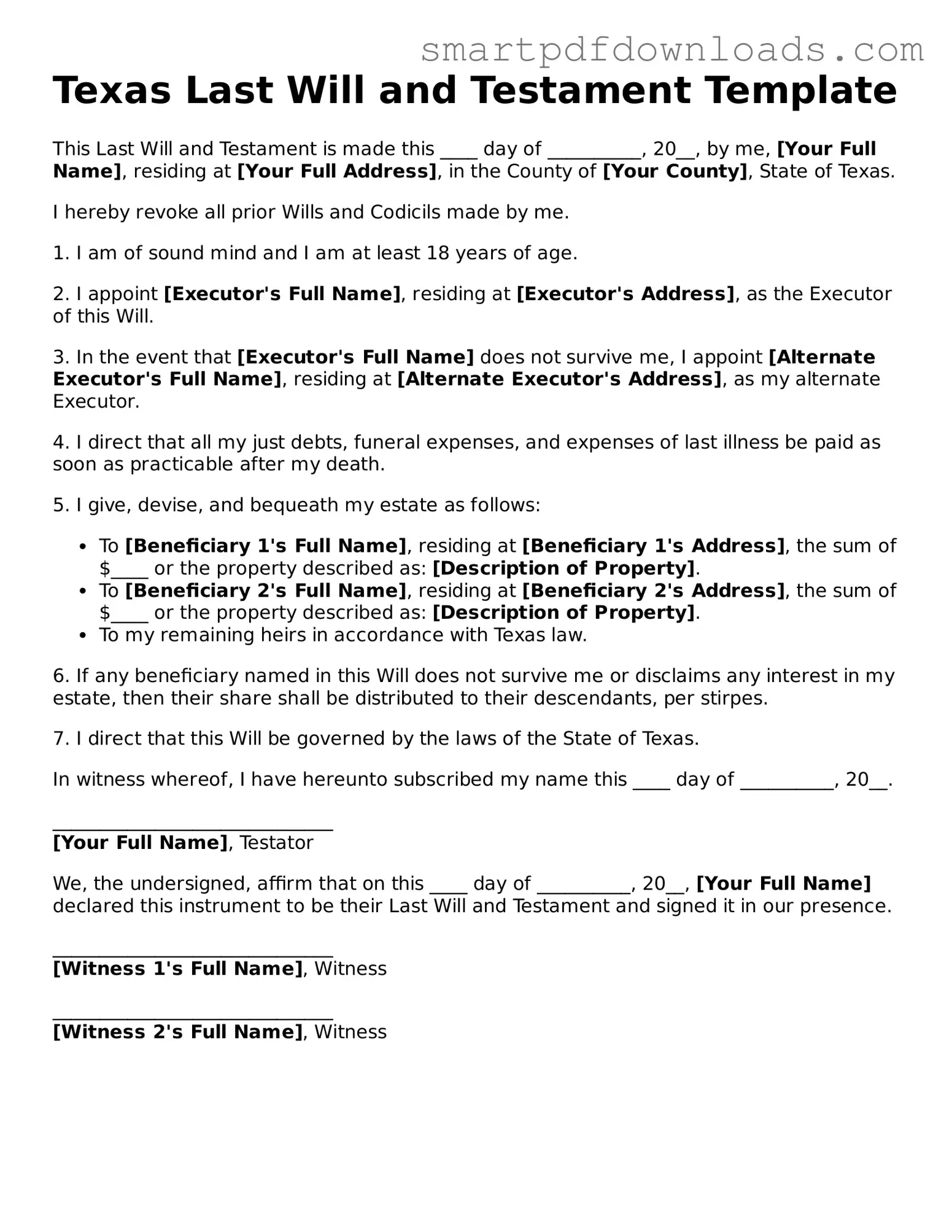 Legal Last Will and Testament Form for the State of Texas