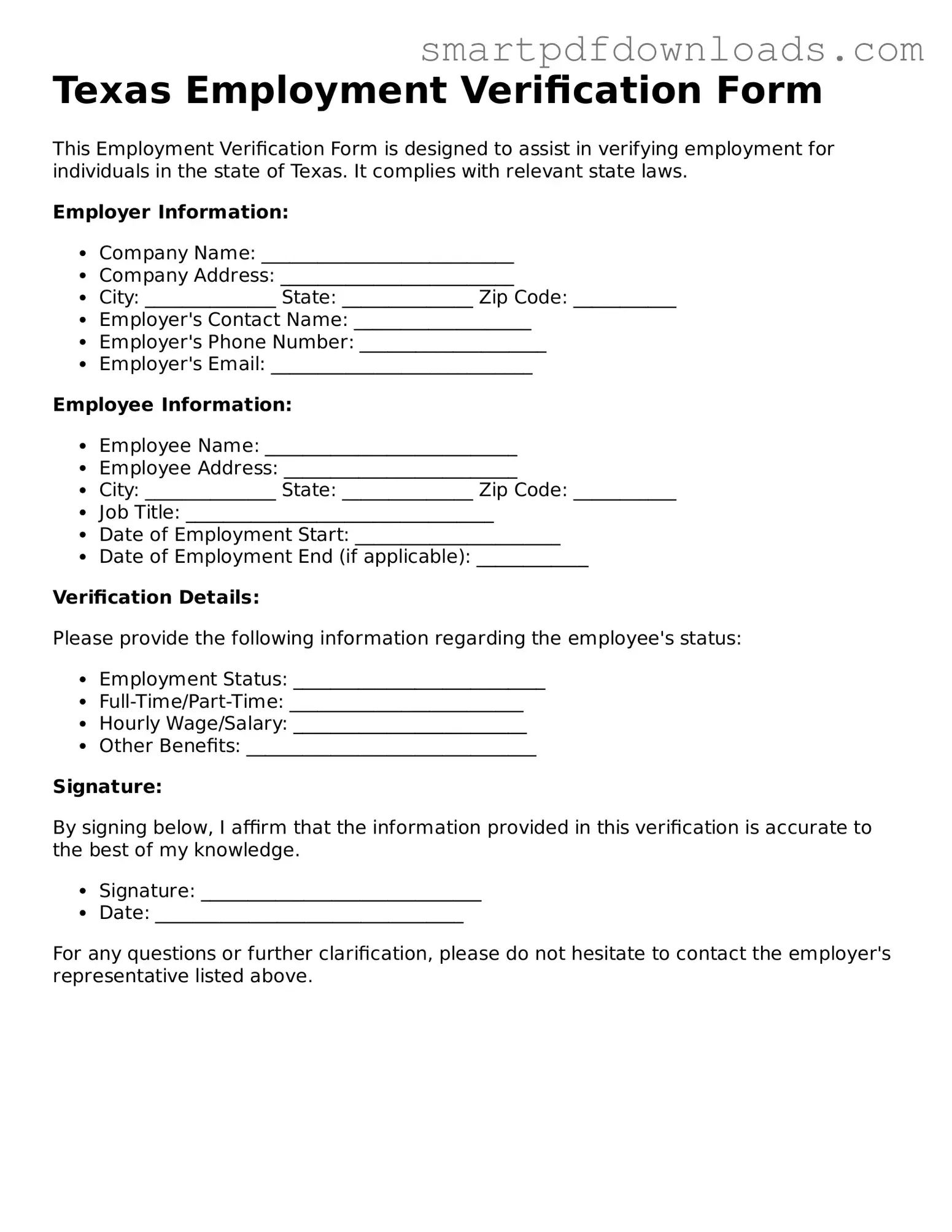 Legal Employment Verification Form for the State of Texas