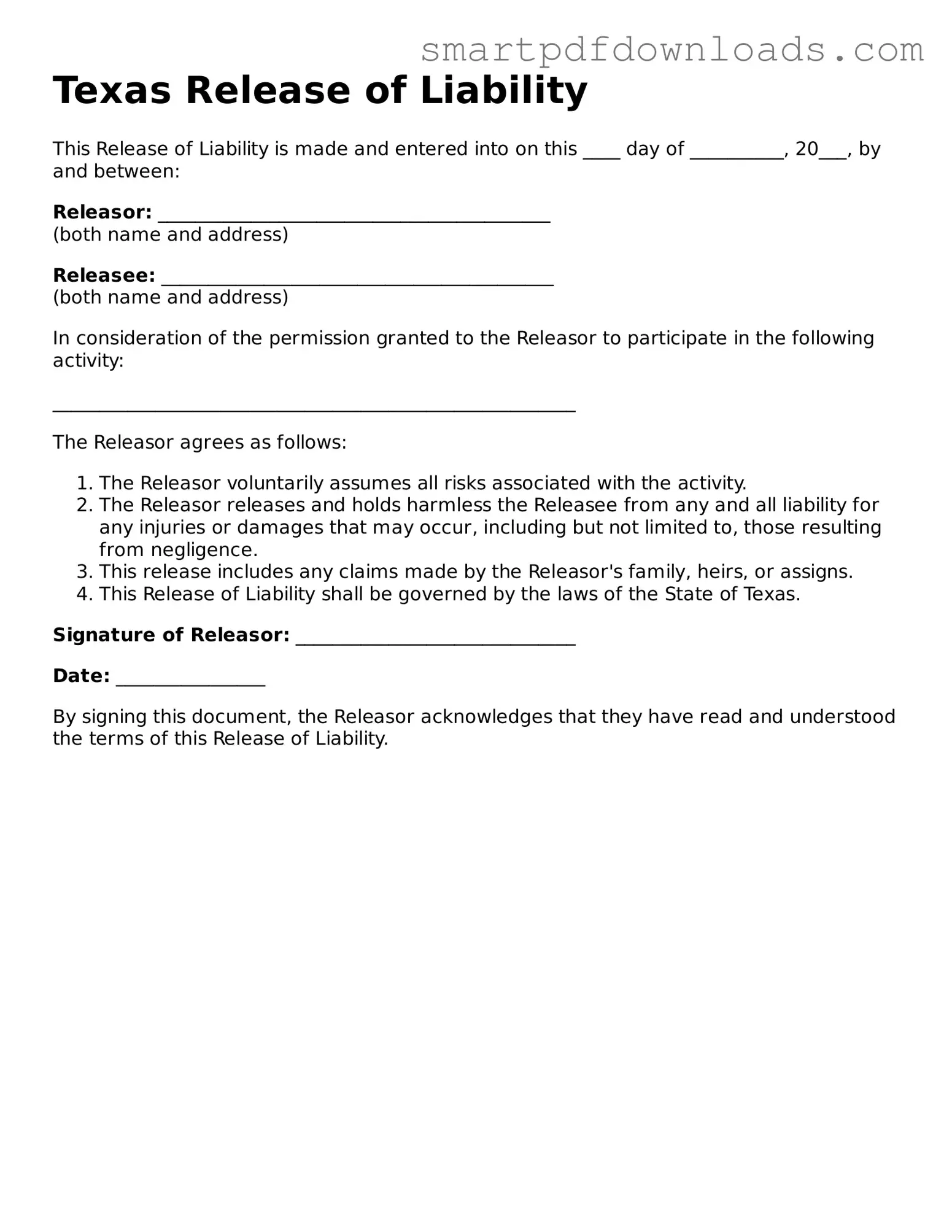 Legal Release of Liability Form for the State of Texas
