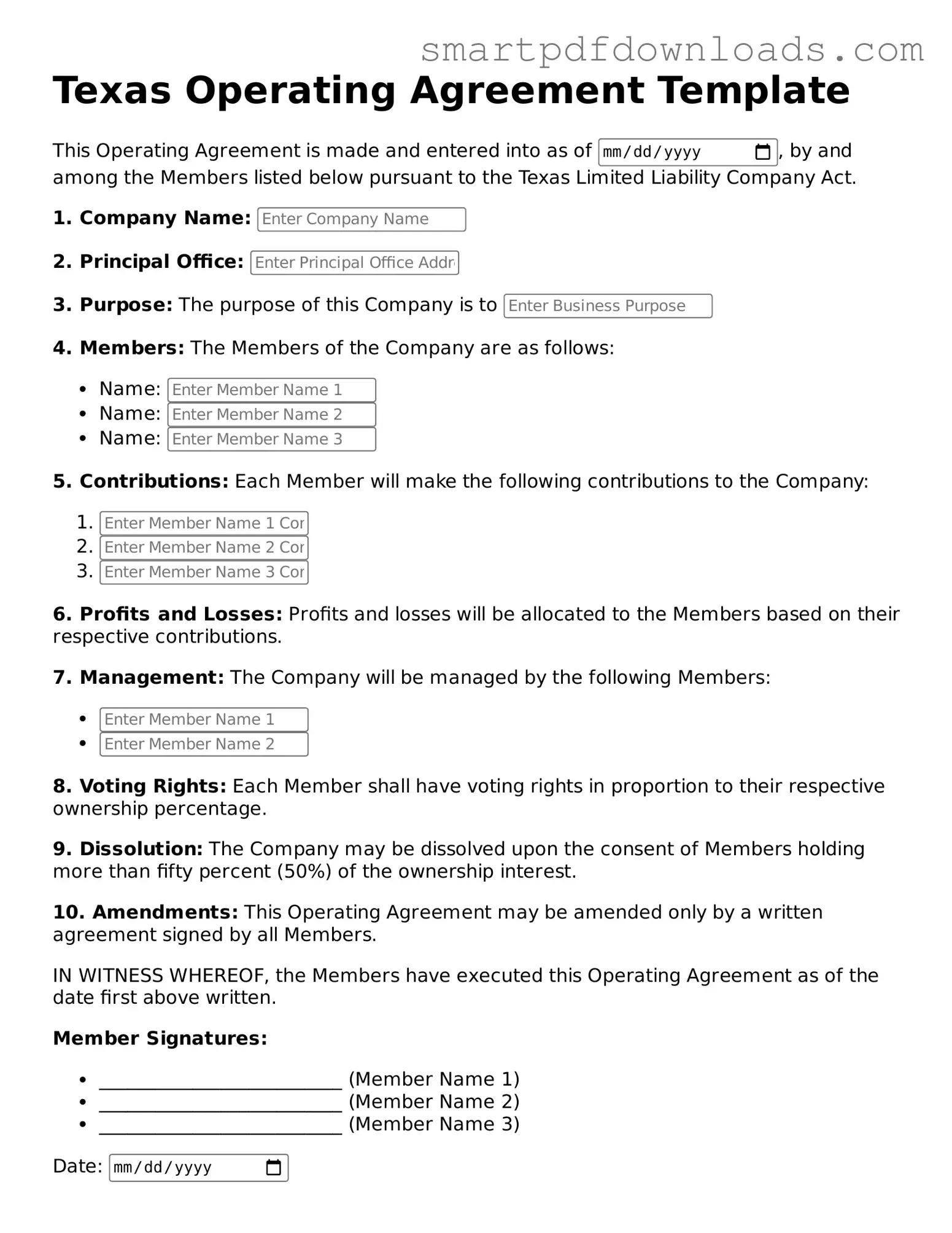 Legal Operating Agreement Form for the State of Texas