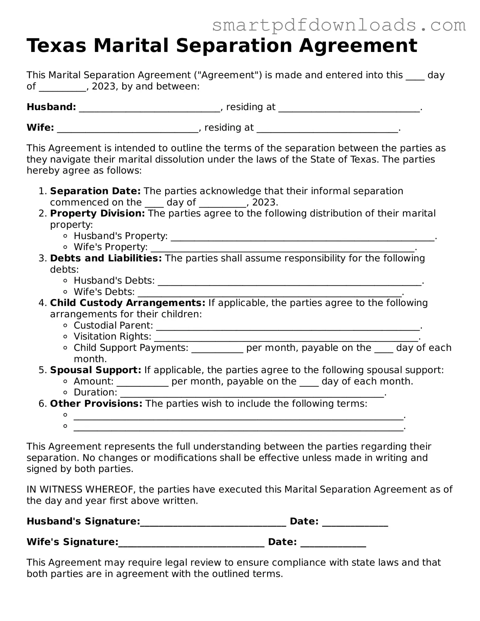 Legal Marital Separation Agreement Form for the State of Texas