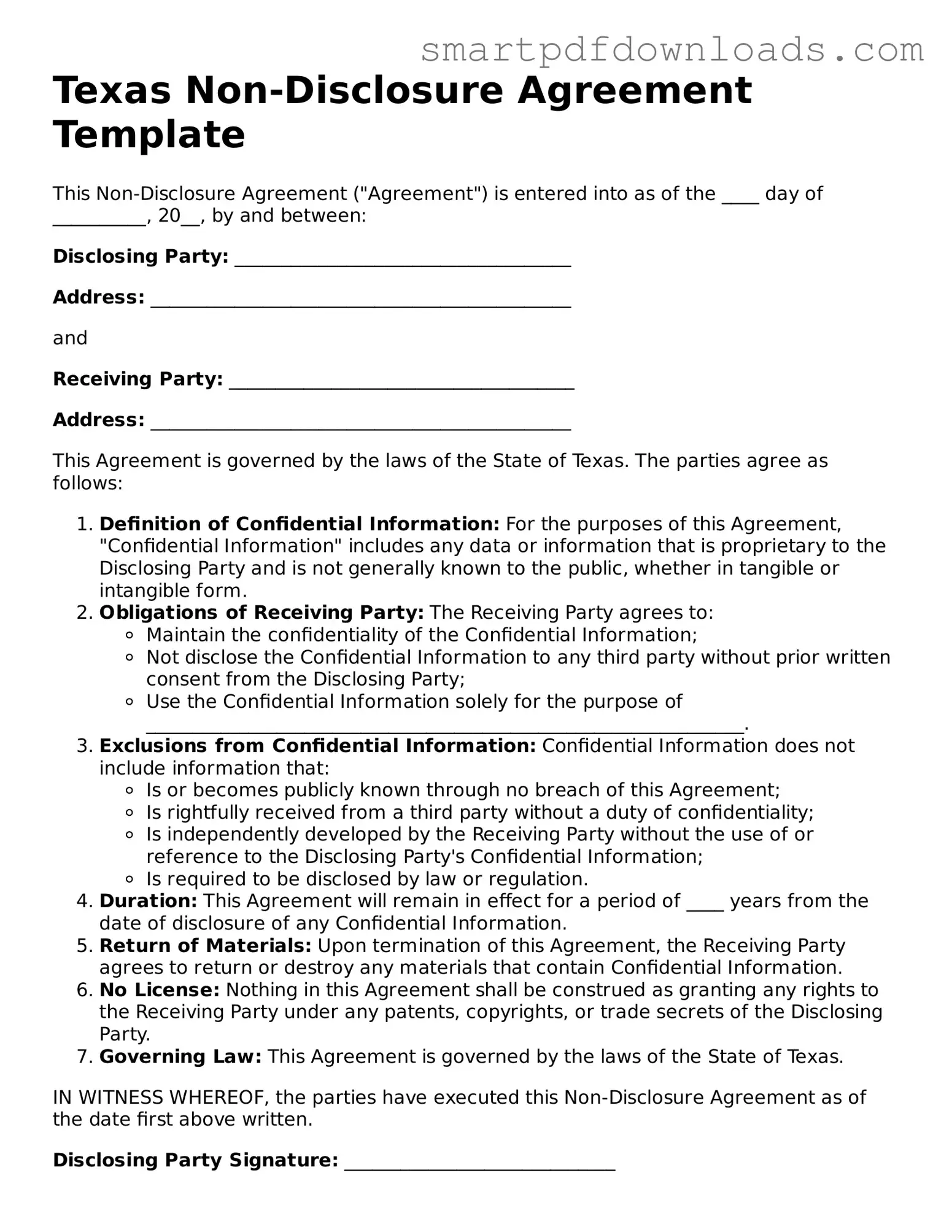 Legal Non-disclosure Agreement Form for the State of Texas