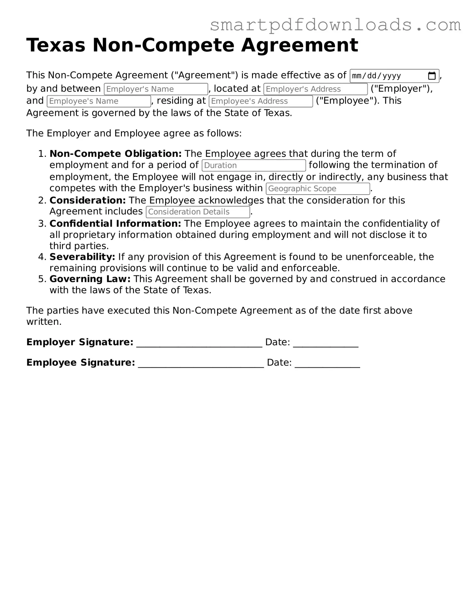Legal Non-compete Agreement Form for the State of Texas
