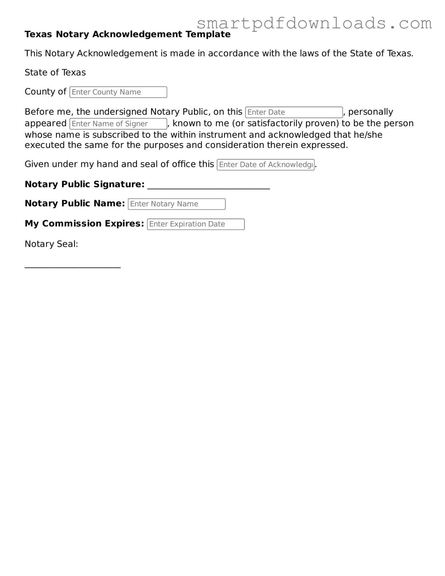 Legal Notary Acknowledgement Form for the State of Texas