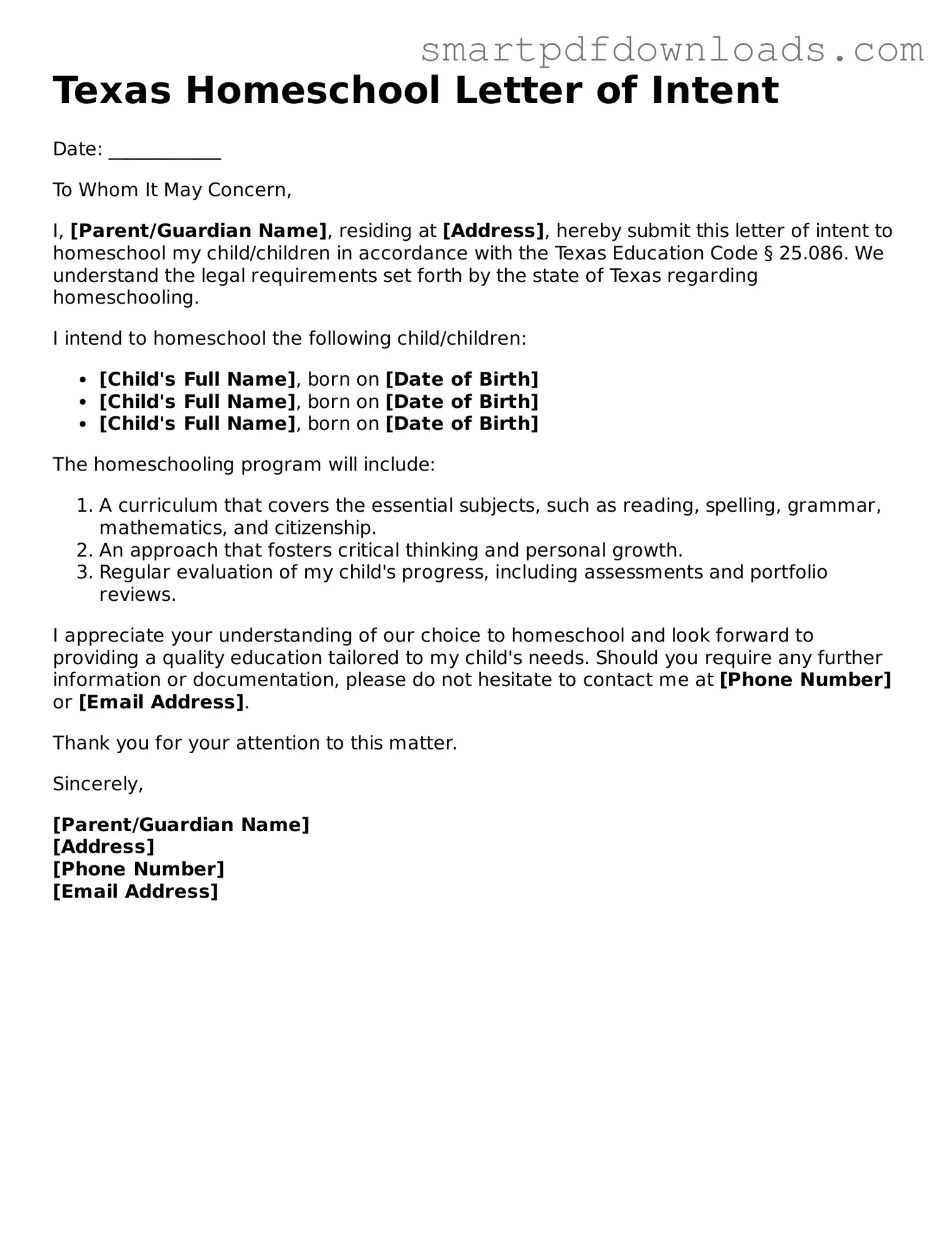 Legal Homeschool Letter of Intent Form for the State of Texas