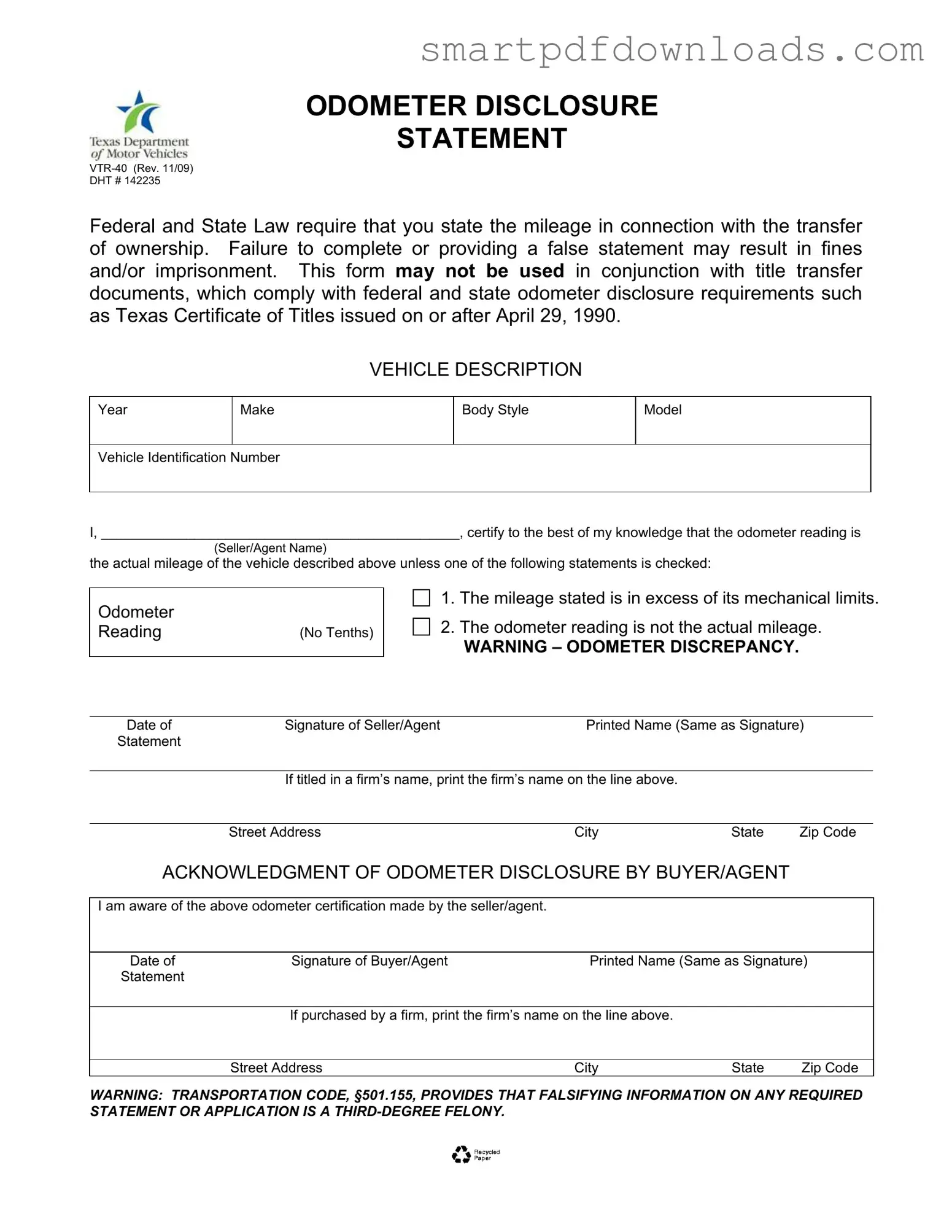 Texas Odometer Statement Form