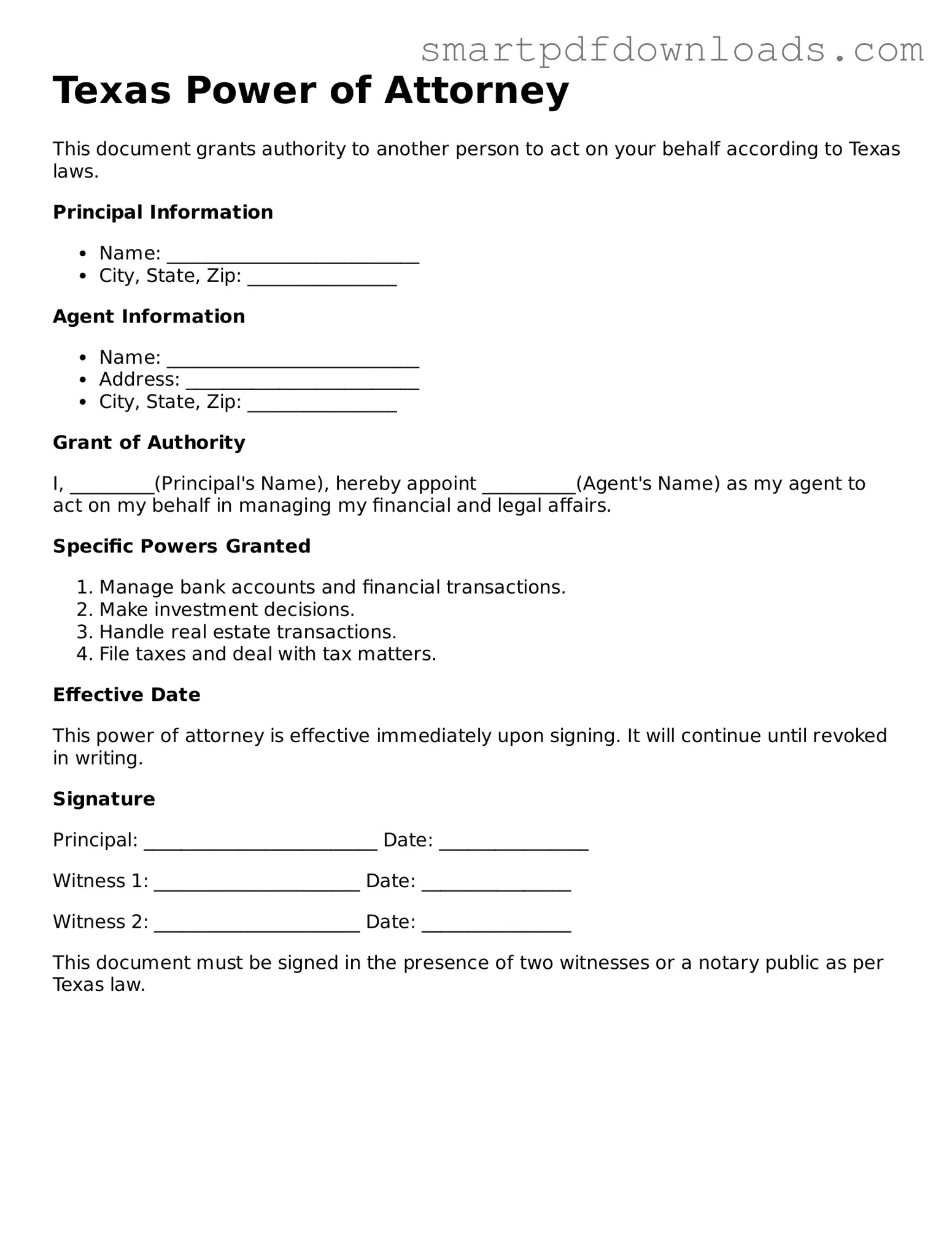 Legal Power of Attorney Form for the State of Texas