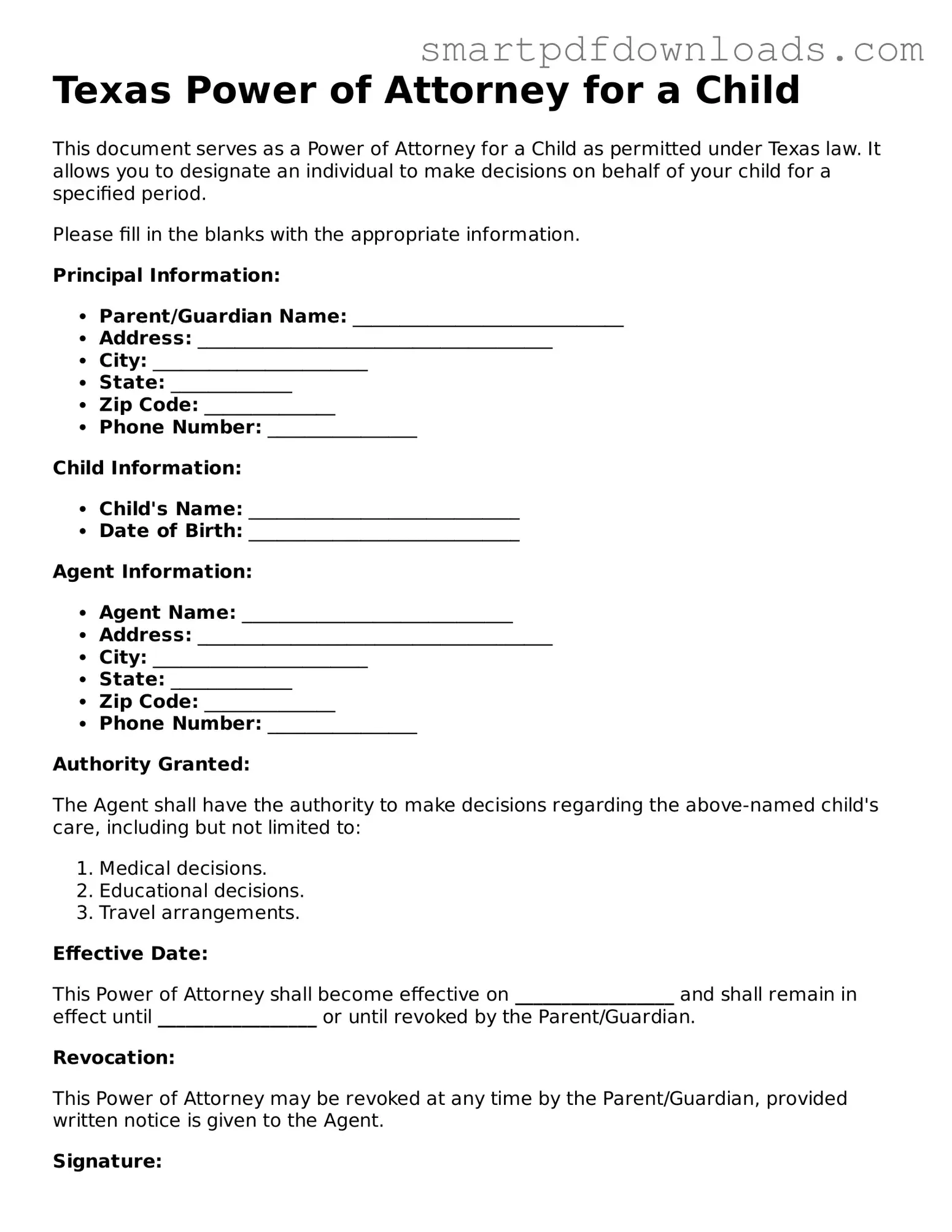 Legal Power of Attorney for a Child Form for the State of Texas