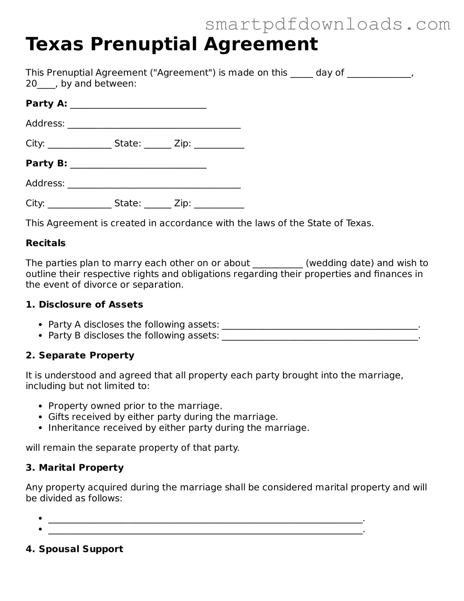 Legal Prenuptial Agreement Form for the State of Texas