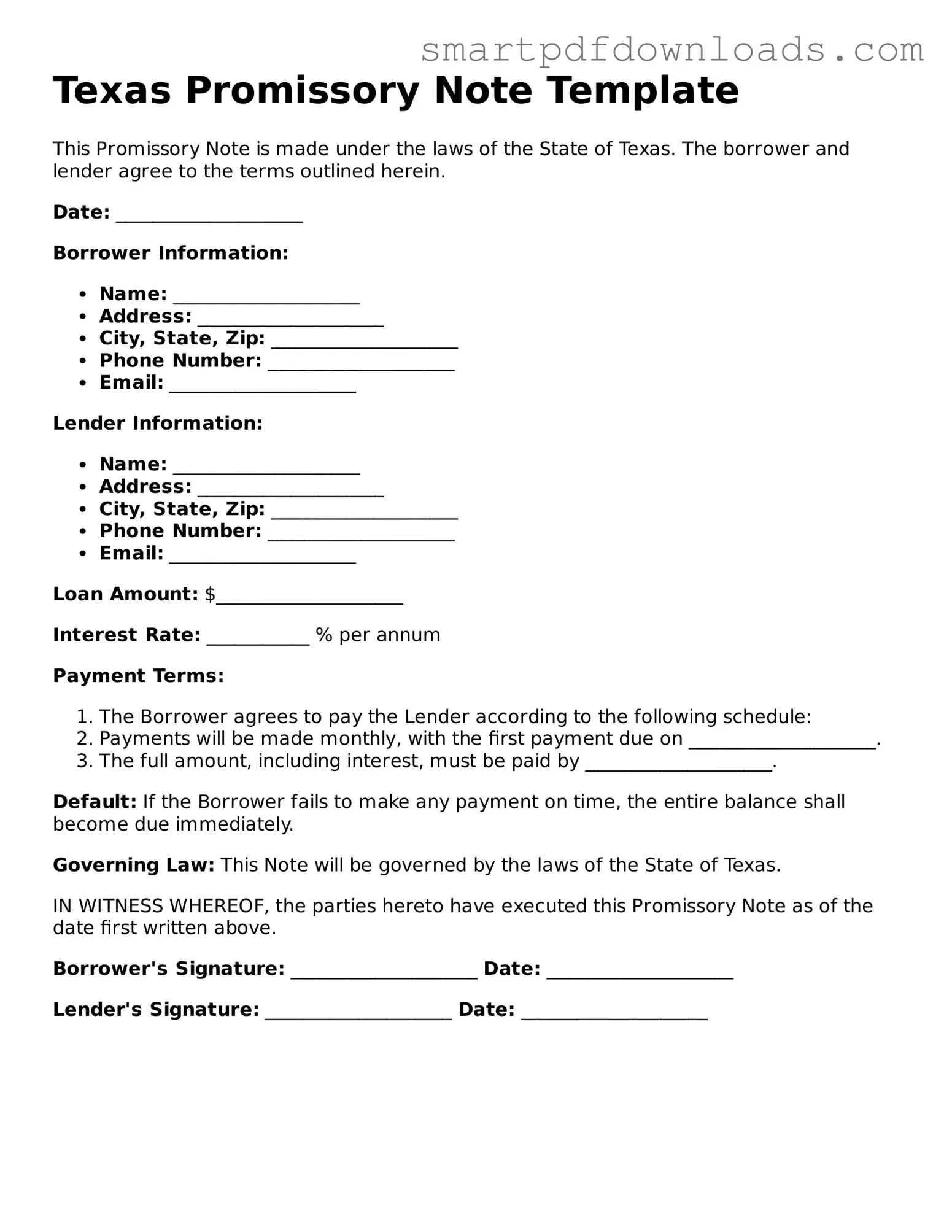 Legal Promissory Note Form for the State of Texas