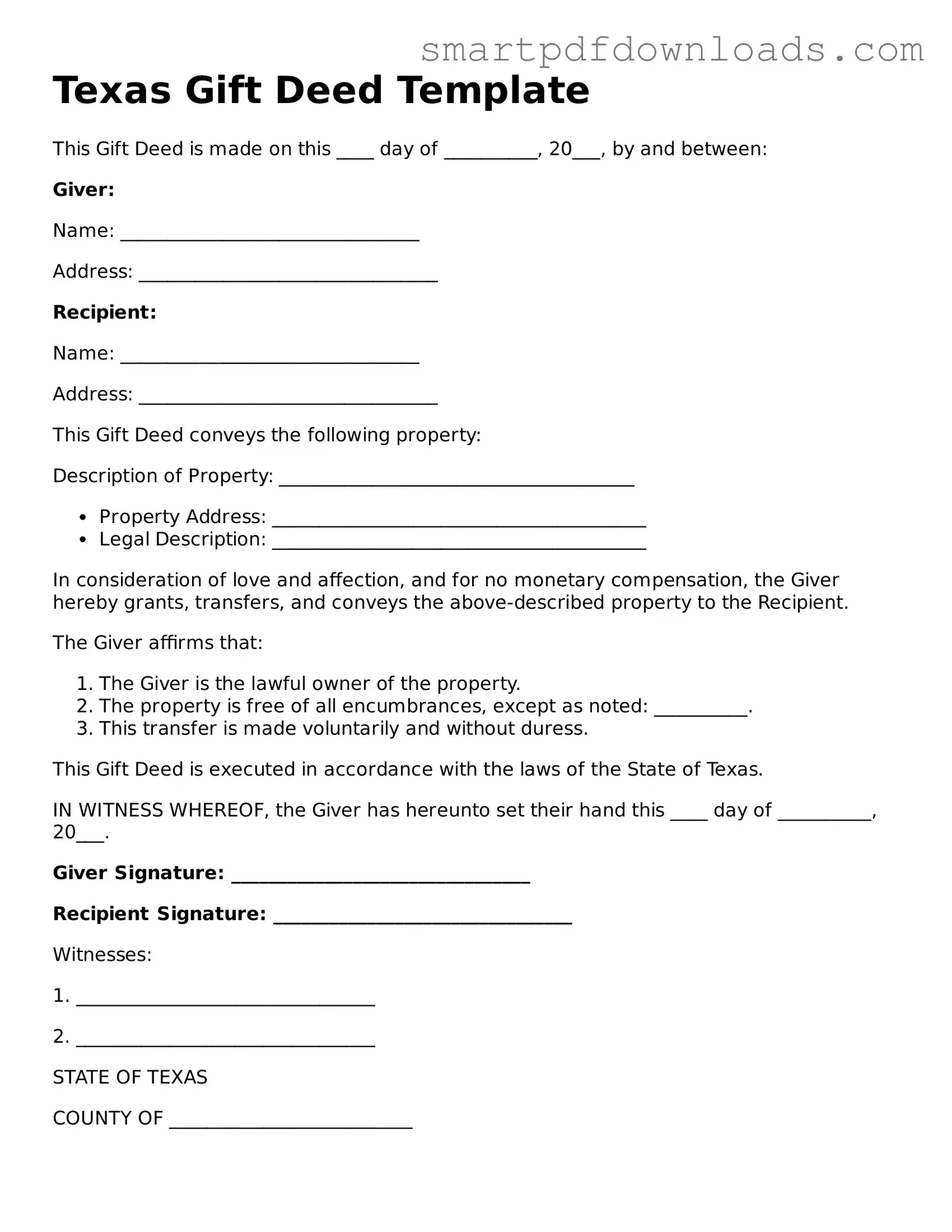 Legal Gift Deed Form for the State of Texas