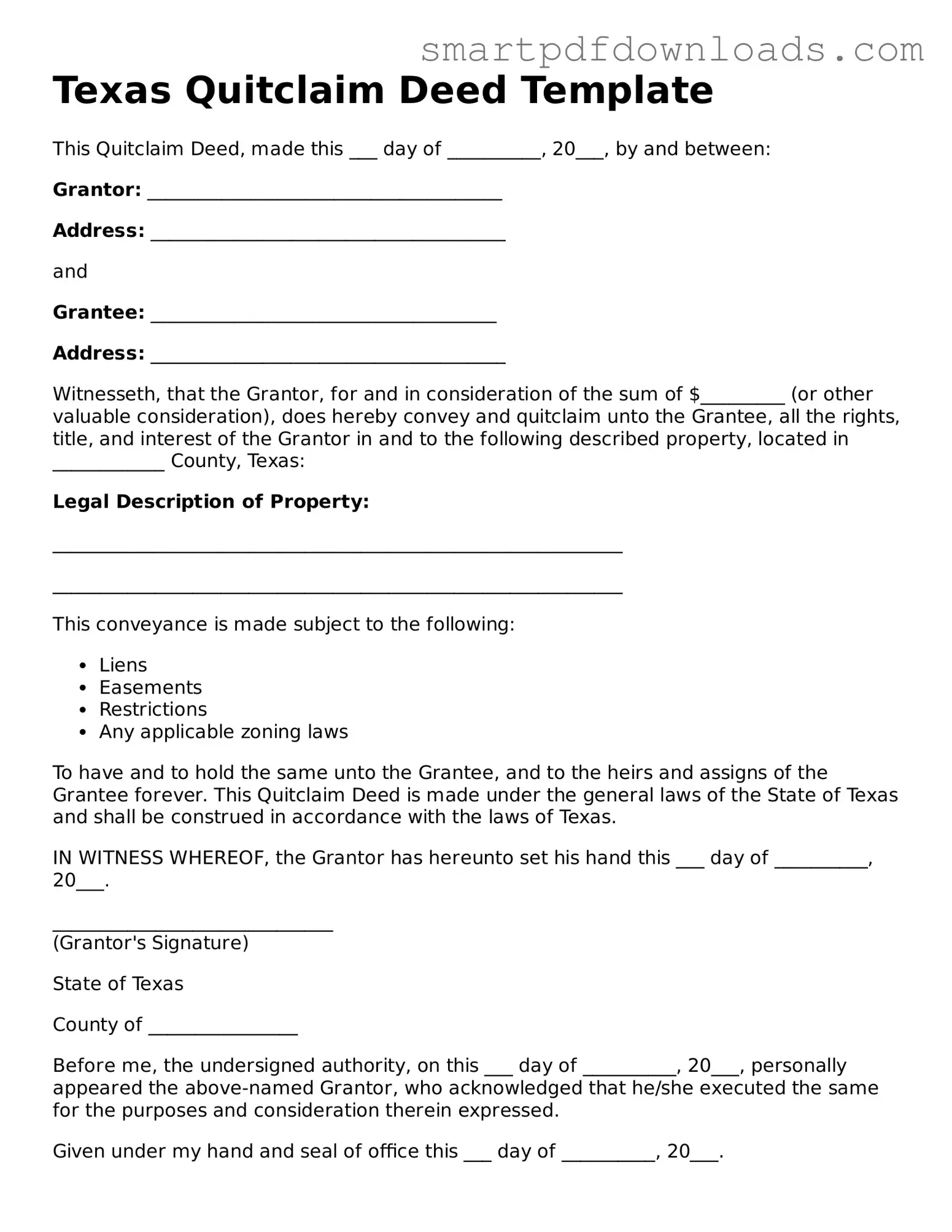 Legal Quitclaim Deed Form for the State of Texas