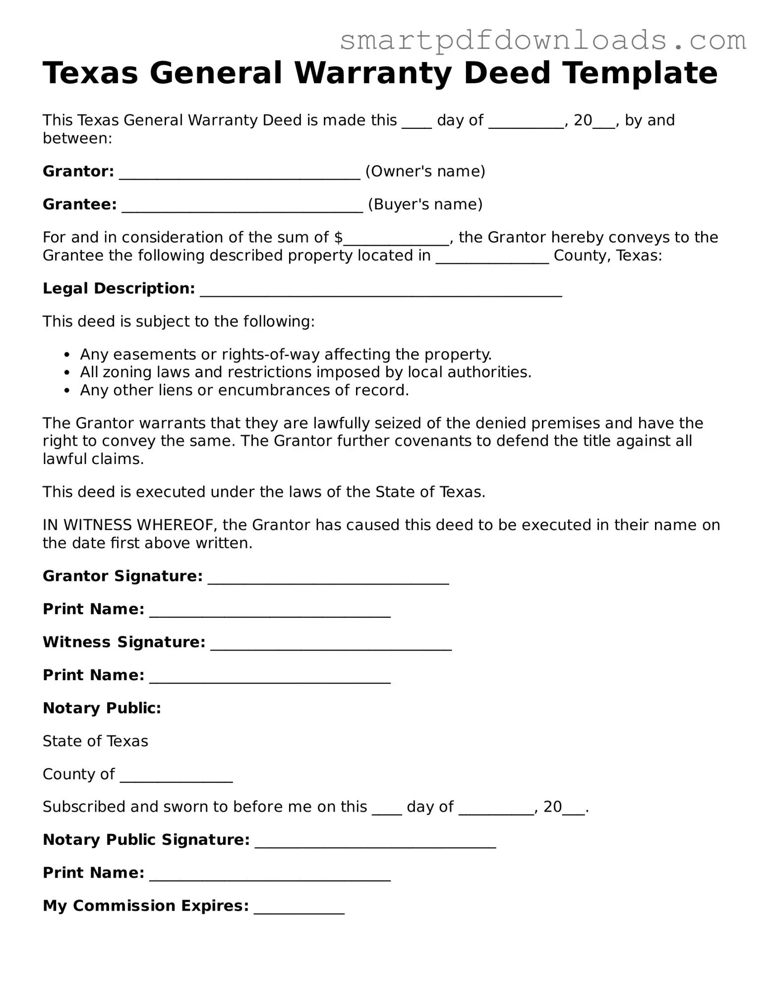 Legal Deed Form for the State of Texas