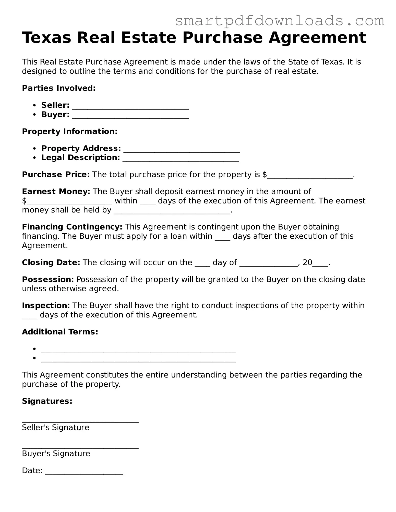 Legal Real Estate Purchase Agreement Form for the State of Texas