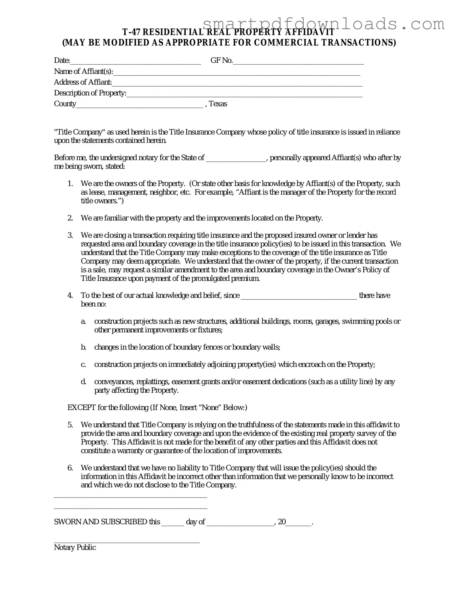 Texas residential property affidavit T-47 Form