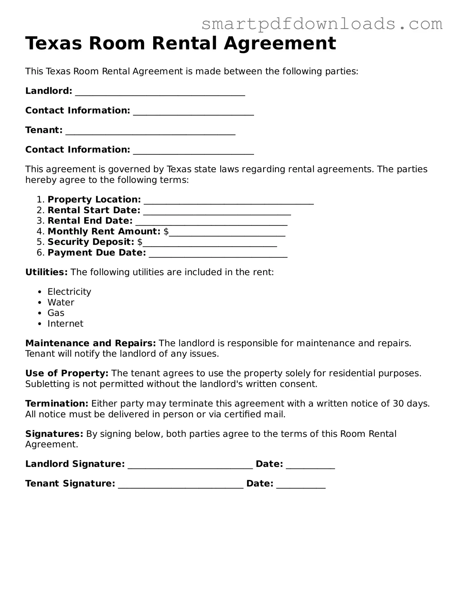 Legal Room Rental Agreement Form for the State of Texas