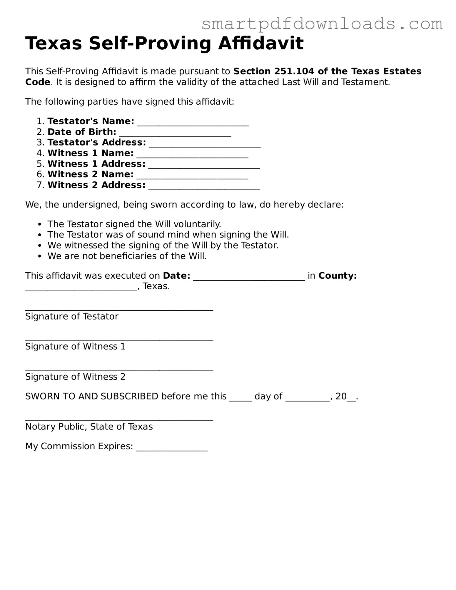 Legal Self-Proving Affidavit Form for the State of Texas