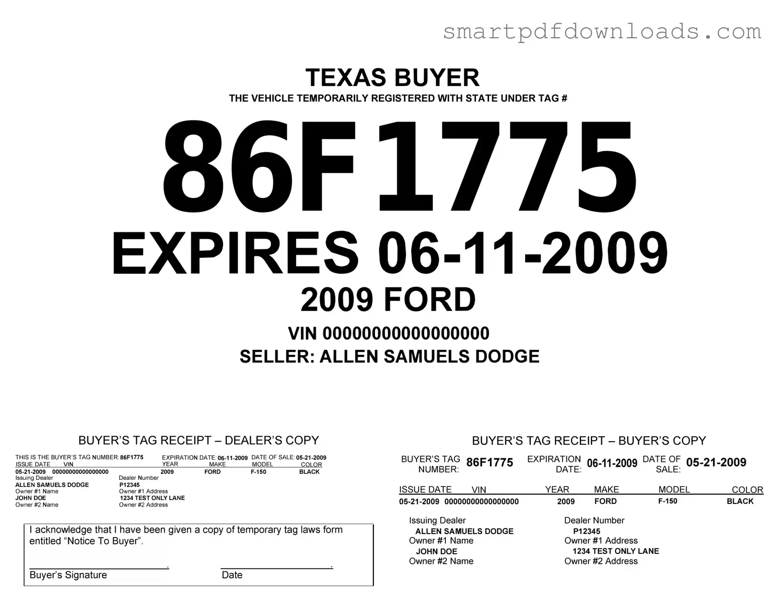 Texas Temporary Tag Form