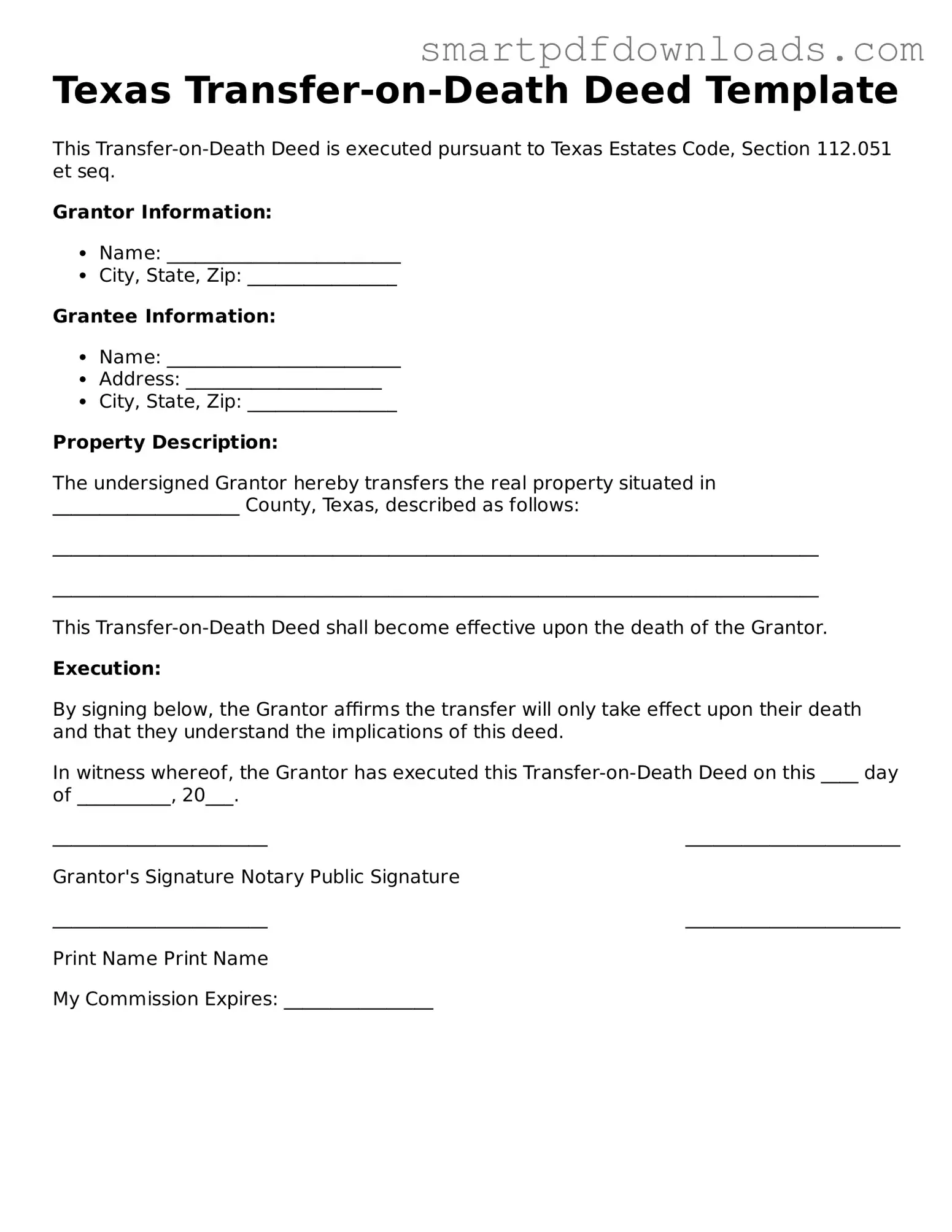 Legal Transfer-on-Death Deed Form for the State of Texas
