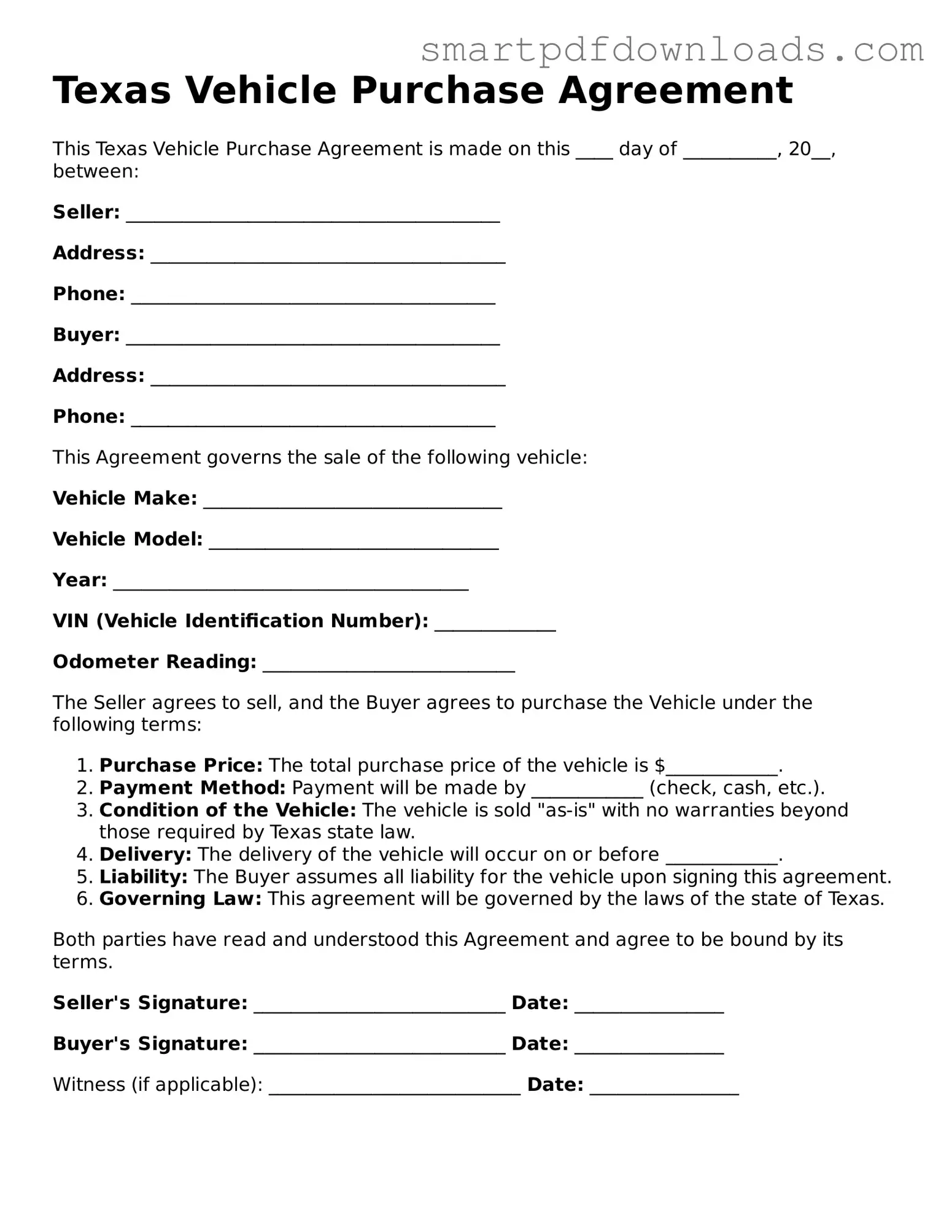 Legal Vehicle Purchase Agreement Form for the State of Texas