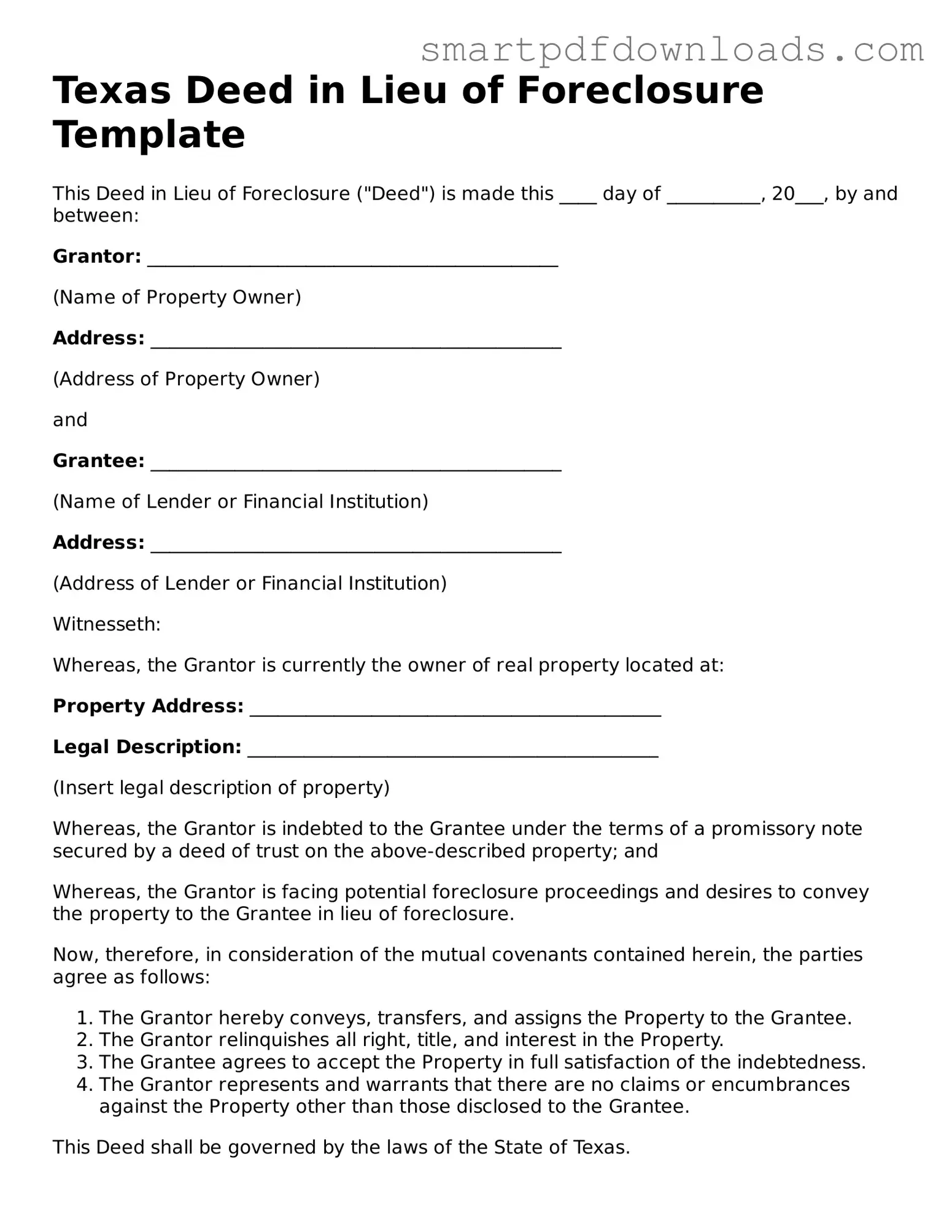 Legal Deed in Lieu of Foreclosure Form for the State of Texas