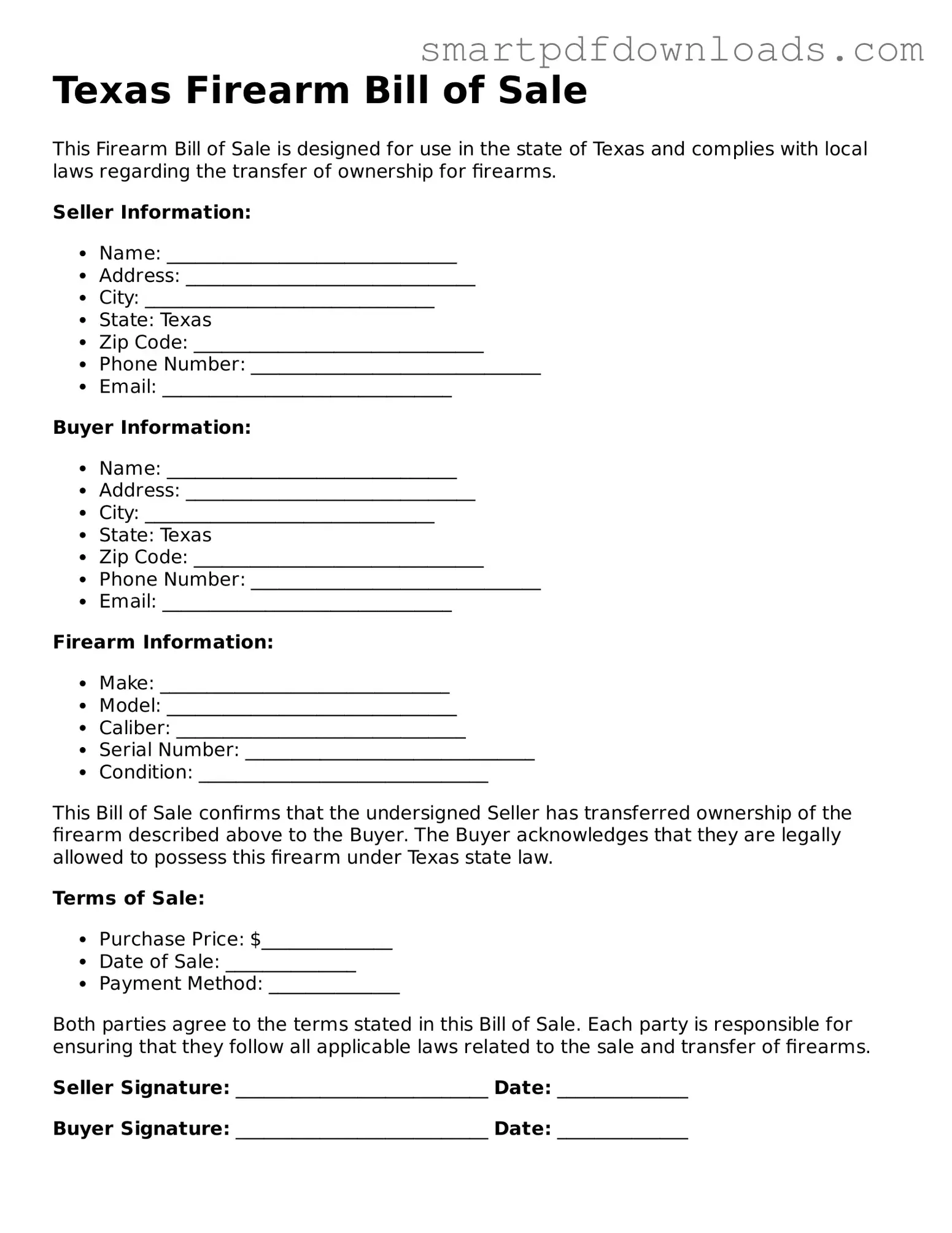 Legal Firearm Bill of Sale Form for the State of Texas