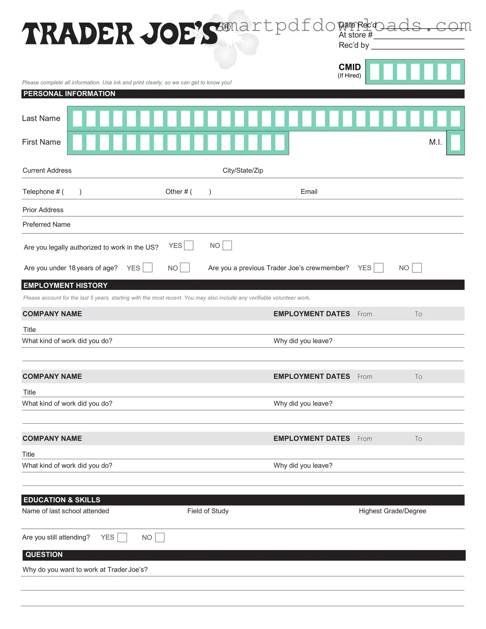 Trader Joe's application Form