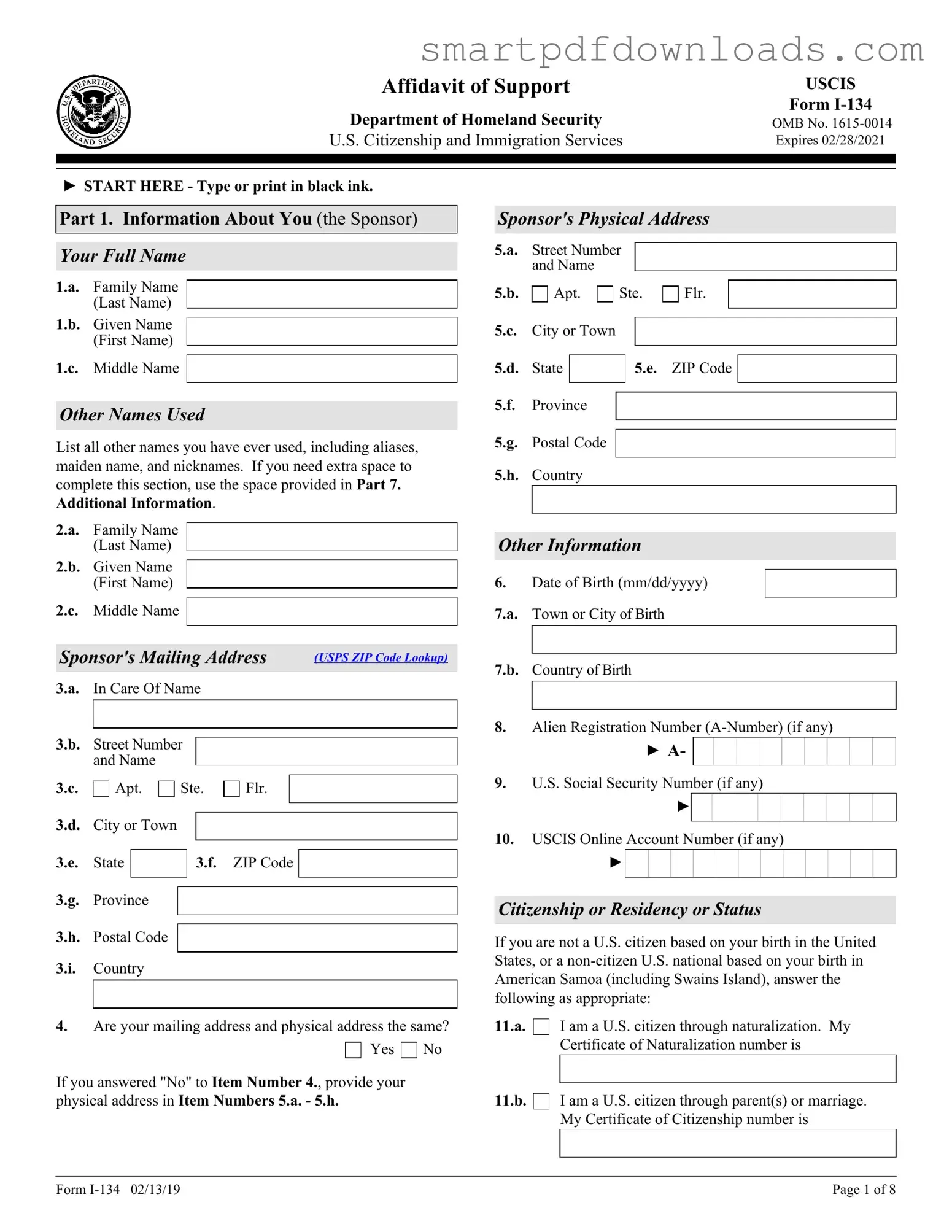USCIS I-134 Form